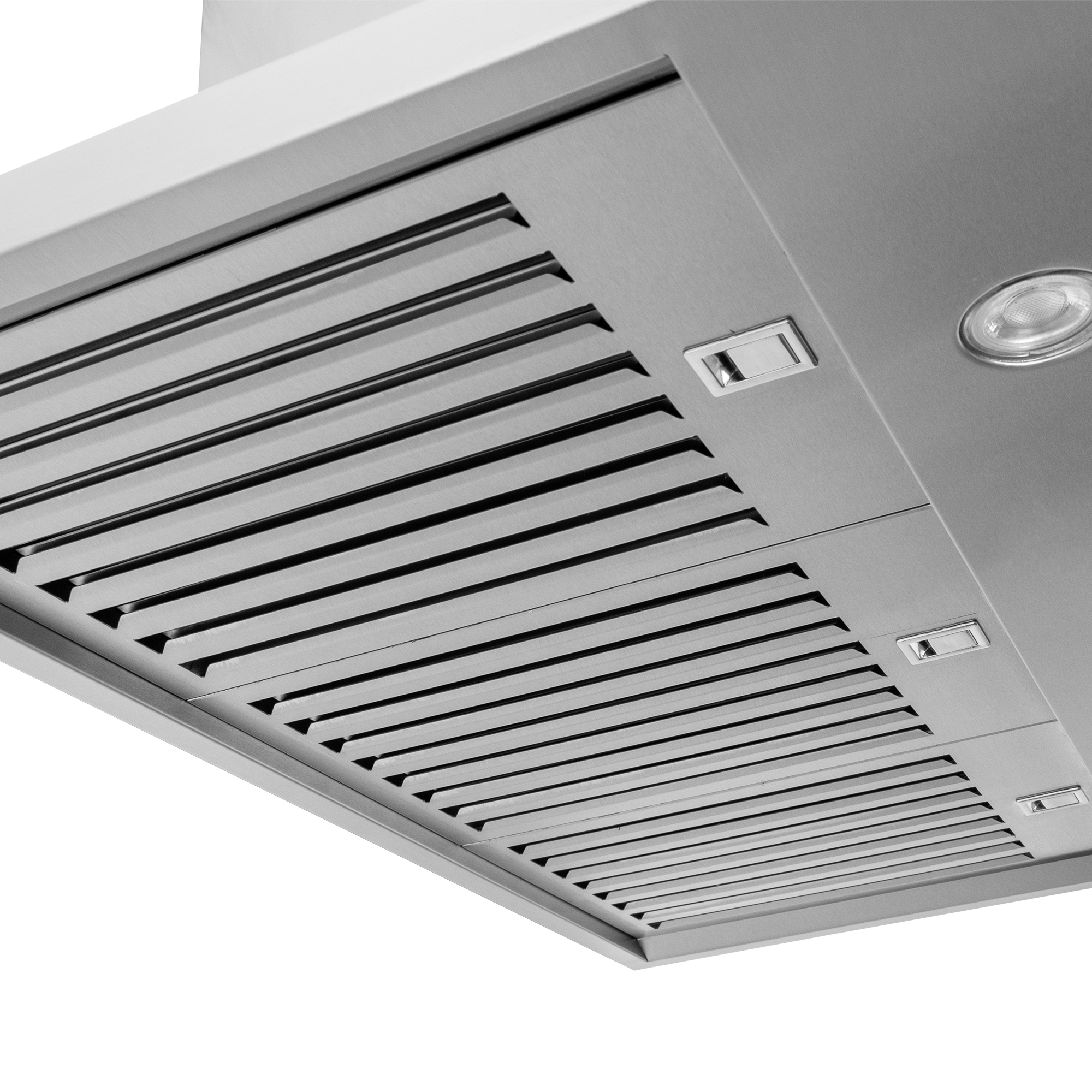 Close-up of Proline PLJW 129 RK600 Stainless Steel Range Hood with vent slats, light. ProlineRangeHoods.com.