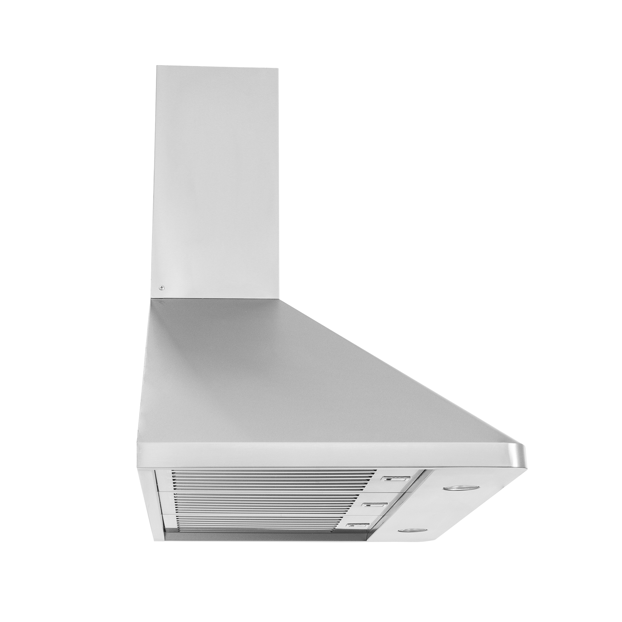 ProlineRangeHoods.com sleek ductless stainless steel wall-mounted range hood, 600 CFM, control buttons, vent grates.