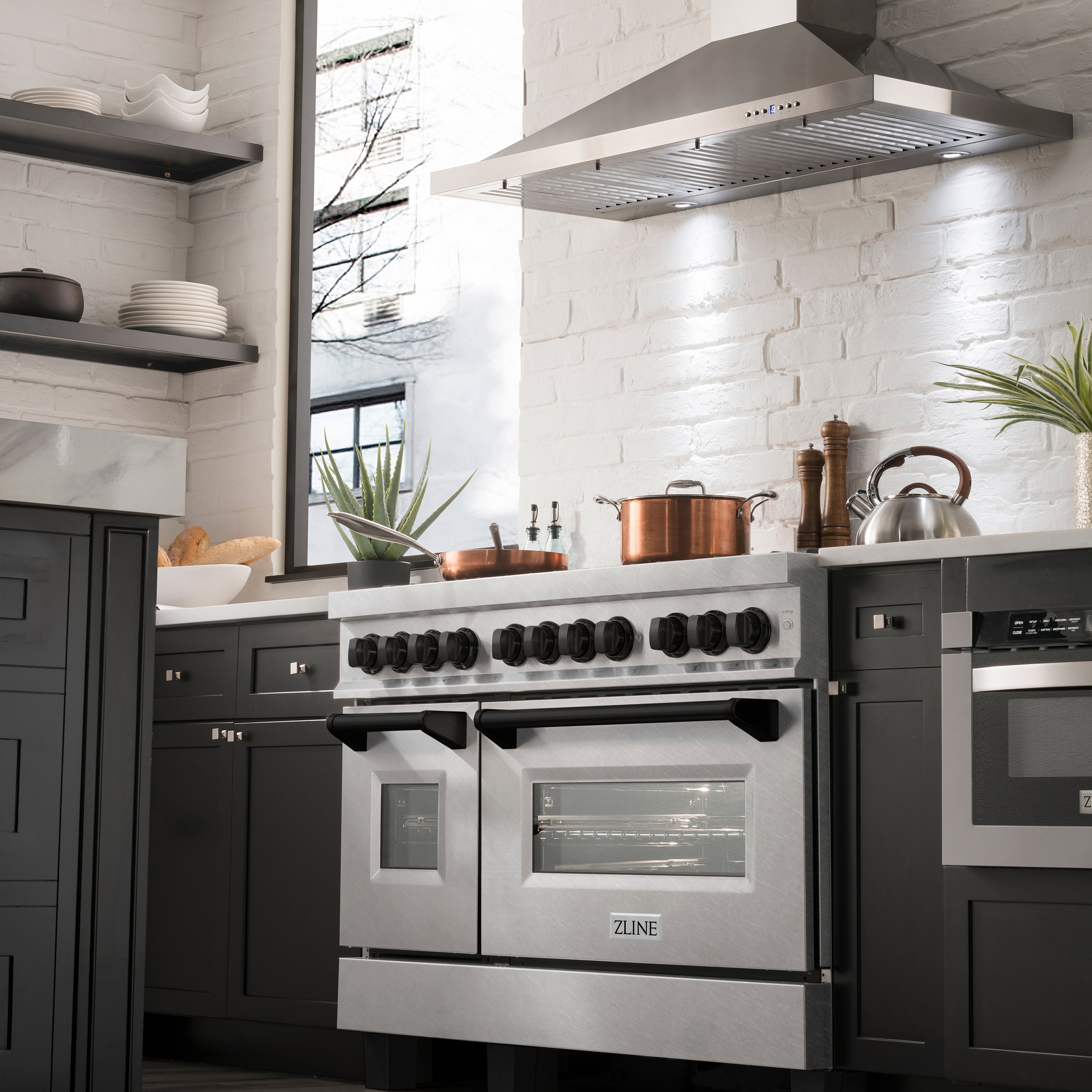 ZLINE Autograph Edition 48 in. 6.0 cu. ft. Legacy Dual Fuel Range with 7 Burner Gas Cooktop and 2 Electric Ovens in Satin Stainless Steel and Matte Black Accents (RASZ-SN-48-MB)