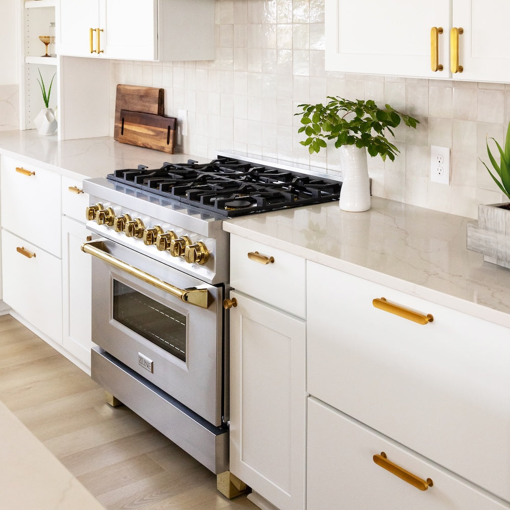 ZLINE Autograph Edition 36 in. 4.6 cu. ft. Legacy Dual Fuel Range with 6 Burner Gas Cooktop and Electric Convection Oven in Stainless Steel and Polished Gold Accents (RAZ-36-G)