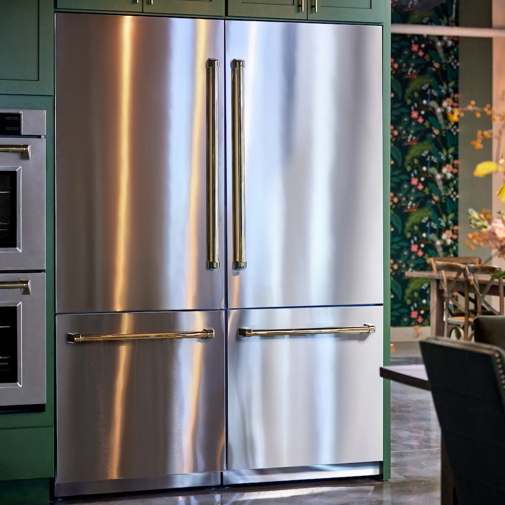 ZLINE Autograph Edition 60 in. 32.2 cu. ft. French Door Built-In Bottom Freezer Refrigerator with Water Dispenser and Ice Maker in Stainless Steel with Polished Gold Accents (RBIVZ-304-60-G)