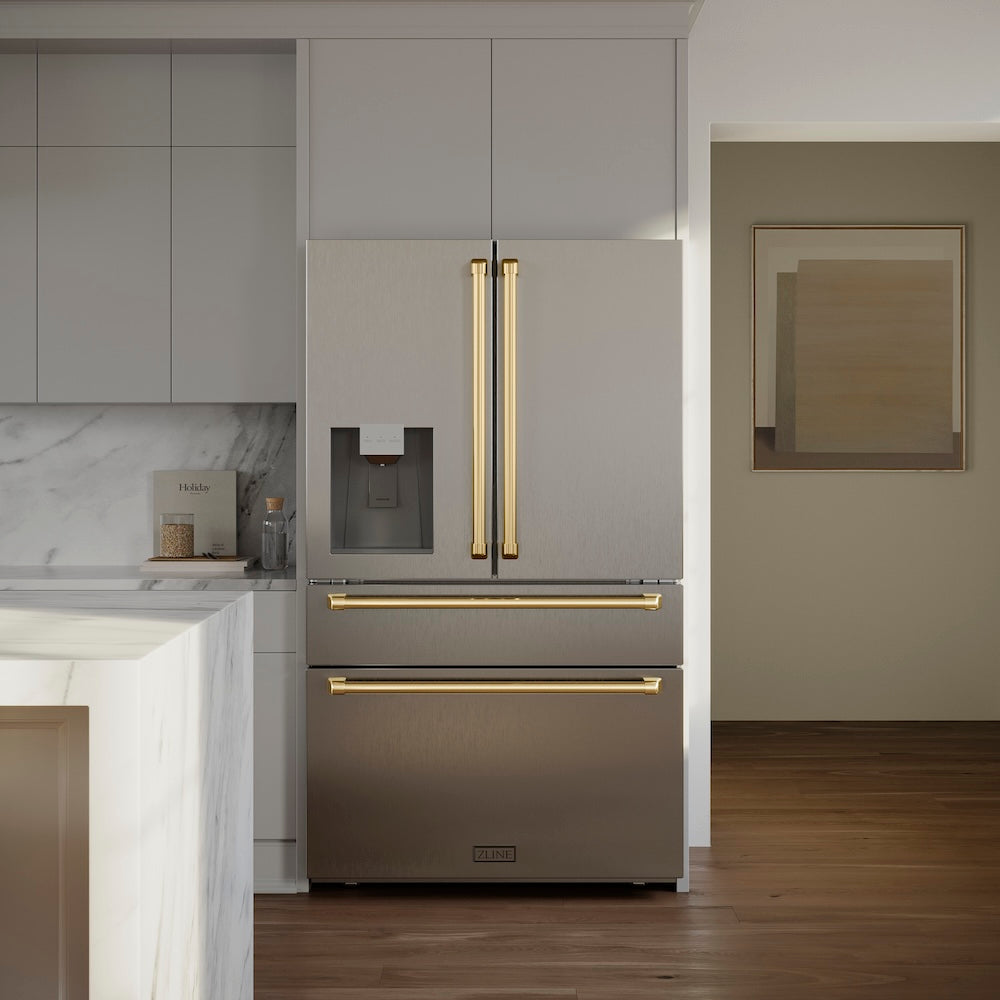 ZLINE Autograph Edition 36 in. 21.6 cu. ft. Counter-Depth French Door Refrigerator with Water and Ice Dispenser in Fingerprint-Resistant Stainless Steel with Polished Gold Traditional Handles (RFMZ-W-36-G)