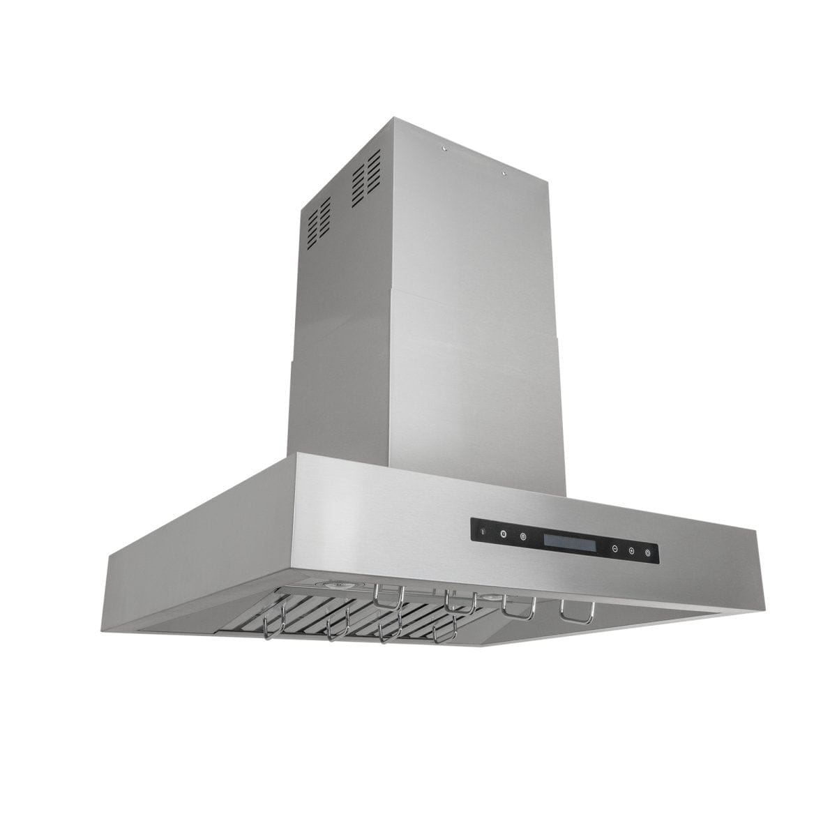 Proline PLFI 755 Island Range Hood, 1100 CFM, stainless steel—LCD touch control, dual motors. ProlineRangeHoods.com.