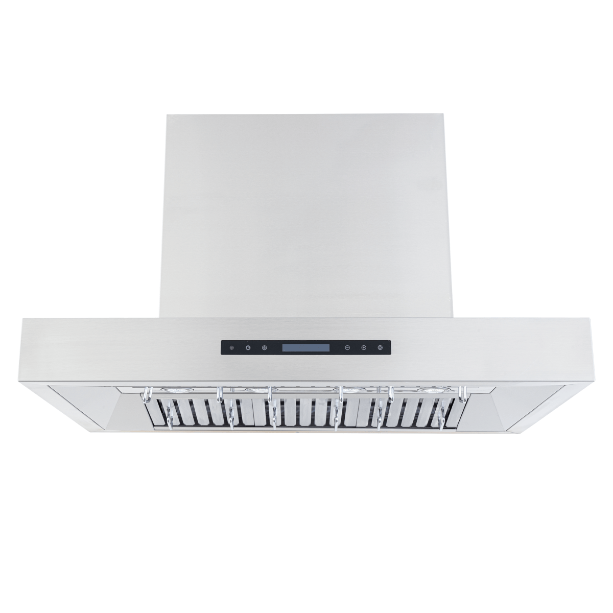 ProlineRangeHoods.com Proline PLFI 755 island range hood, 1100 CFM, stainless steel with LCD touch control, front view.