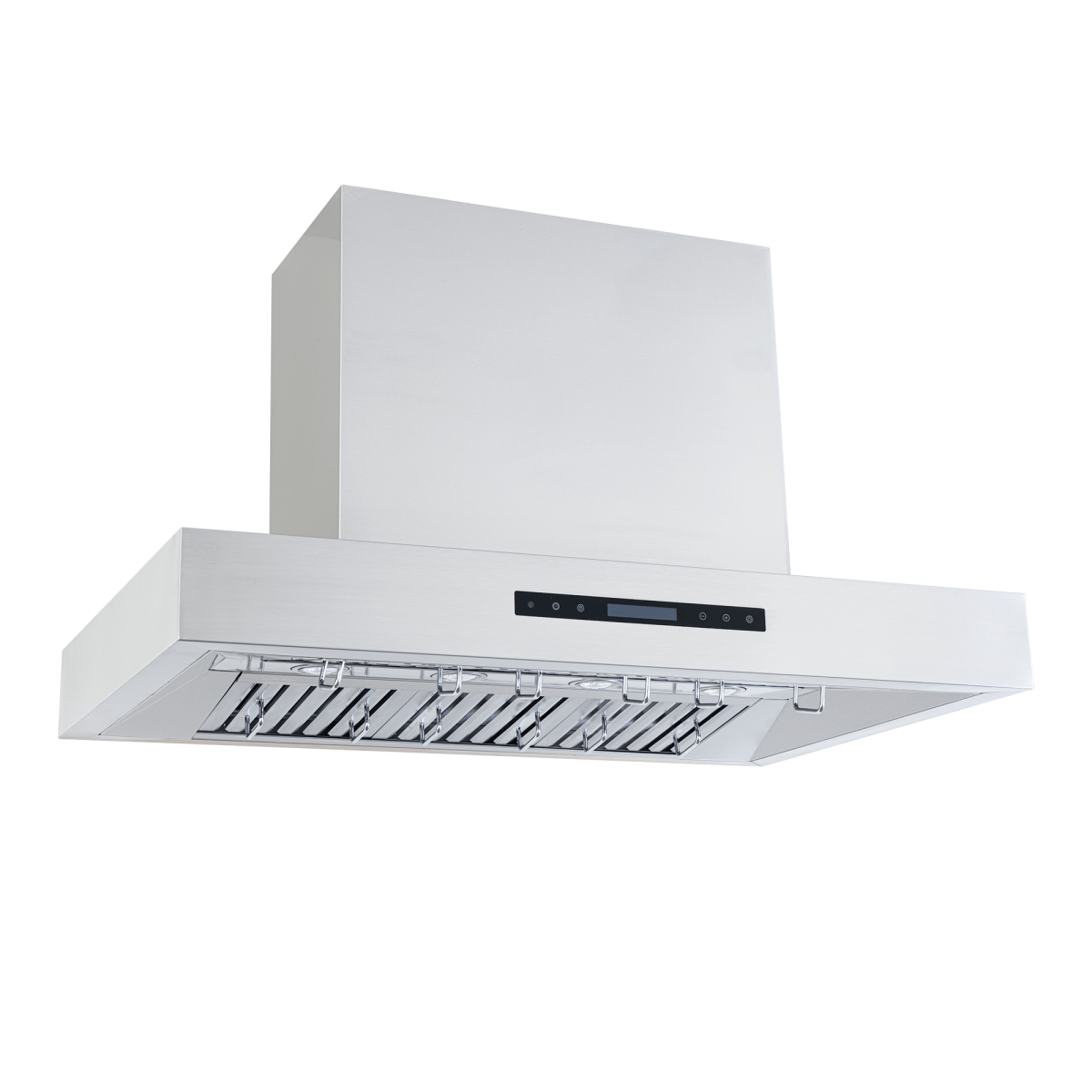 Proline PLFI 755 Island Range Hood: 1100 CFM dual motor, outdoor SS finish, LCD touch control. ProlineRangeHoods.com.
