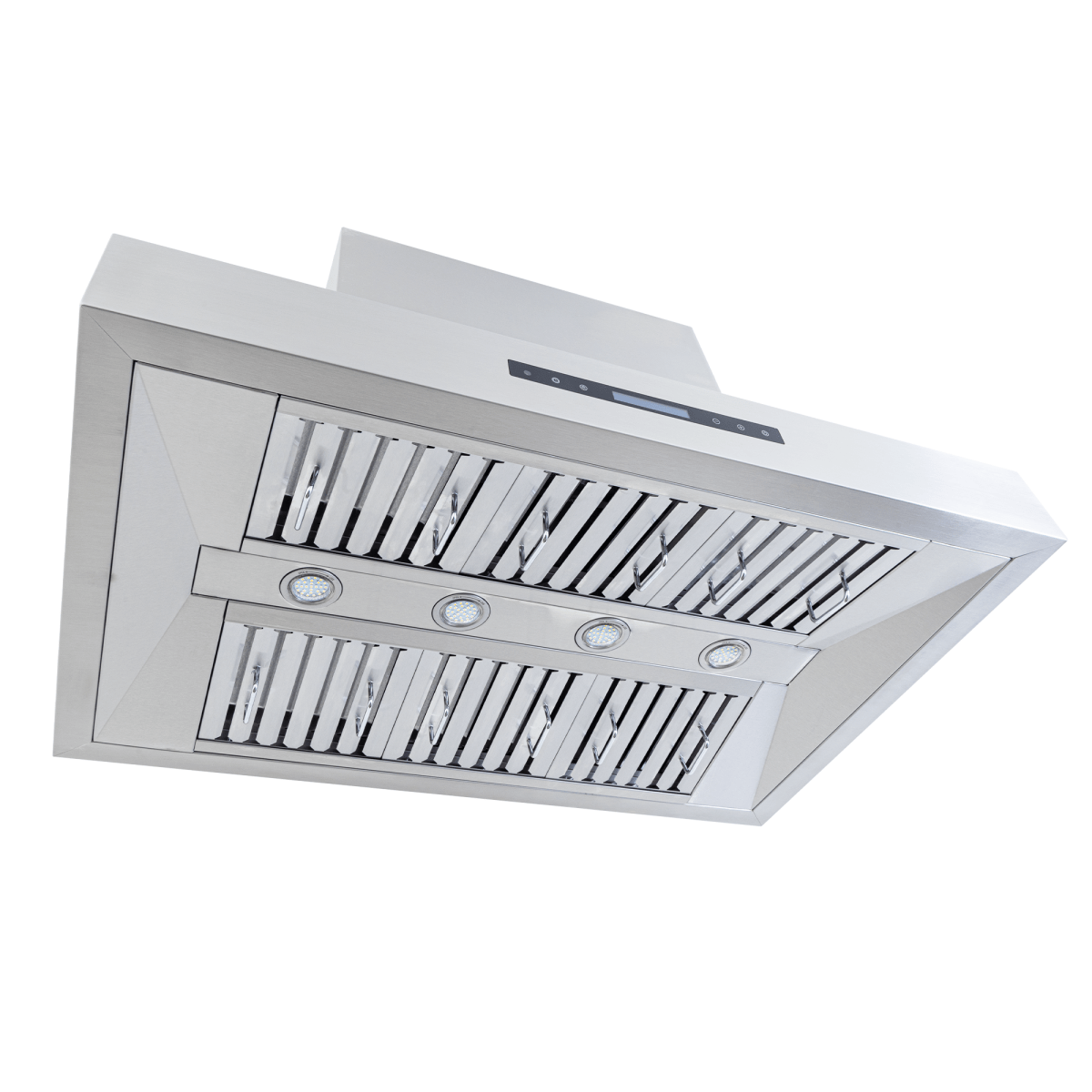 Proline Range Hoods' PLFI 755 Island Hood with LCD touch controls, 1100 CFM, at ProlineRangeHoods.com, shown from below.