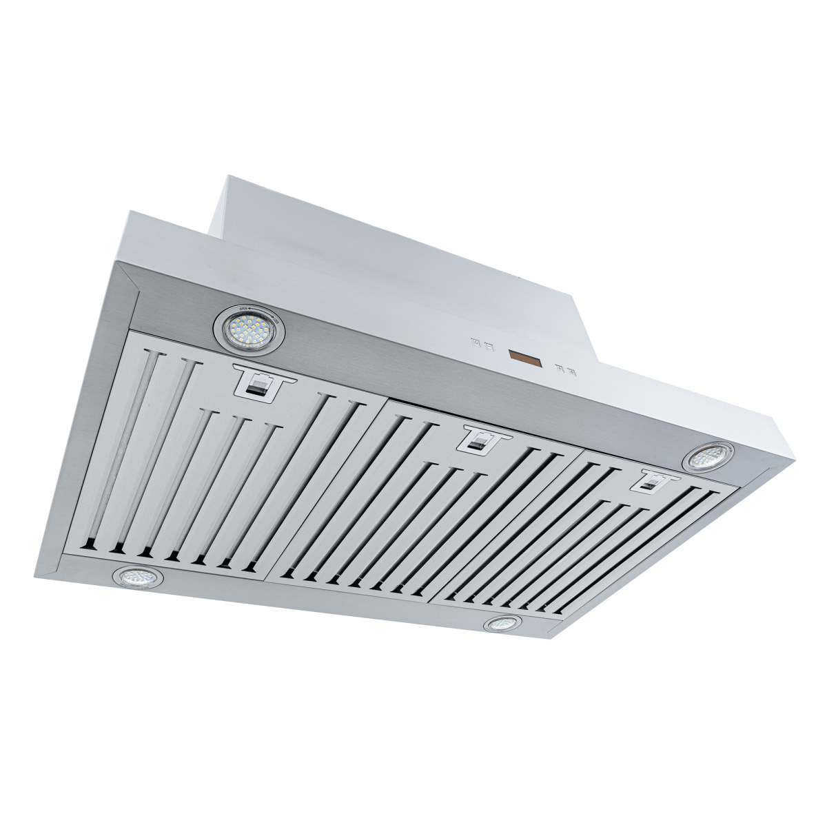 ProlineRangeHoods.com PLFI 750 island range hood: stainless steel, dual 1100 CFM motors, 4 lights, vent grilles, bottom view.