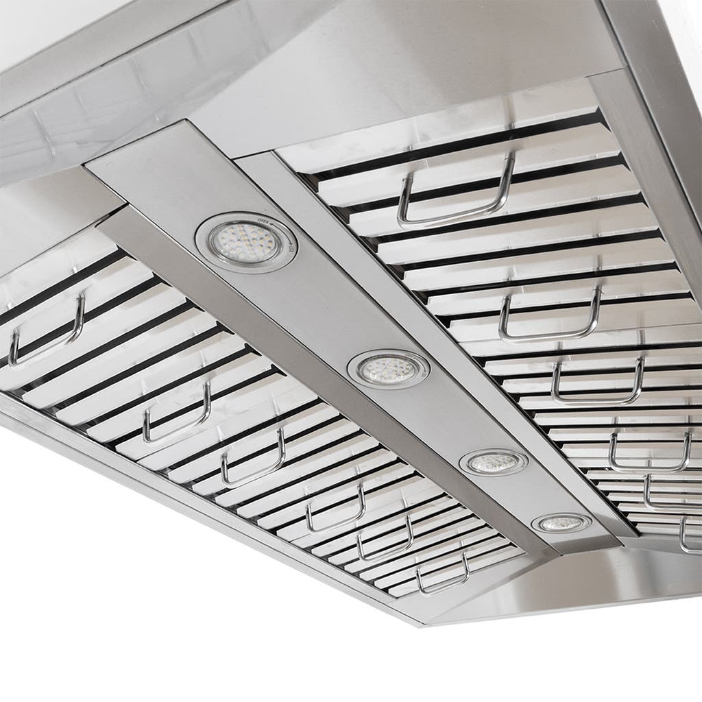 Proline PLFI 755 Island Range Hood—stainless steel, 1100 CFM, LED lights, LCD controls. ProlineRangeHoods.com.