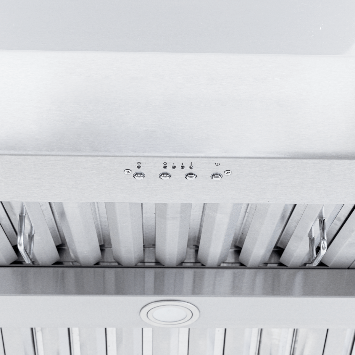 Proline PLJI 109 Island Range Hood with stainless finish, dual motors, 1200 CFM, filters—underside view. ProlineRangeHoods.com.
