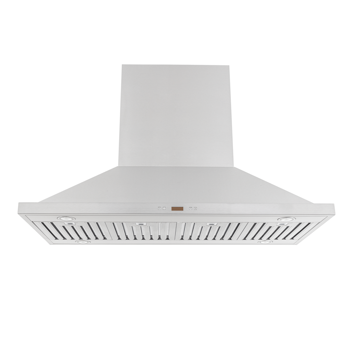 Proline PLFI 520 Island Range Hood, stainless steel, 600/1100 CFM, modern style. Front view. ProlineRangeHoods.com.