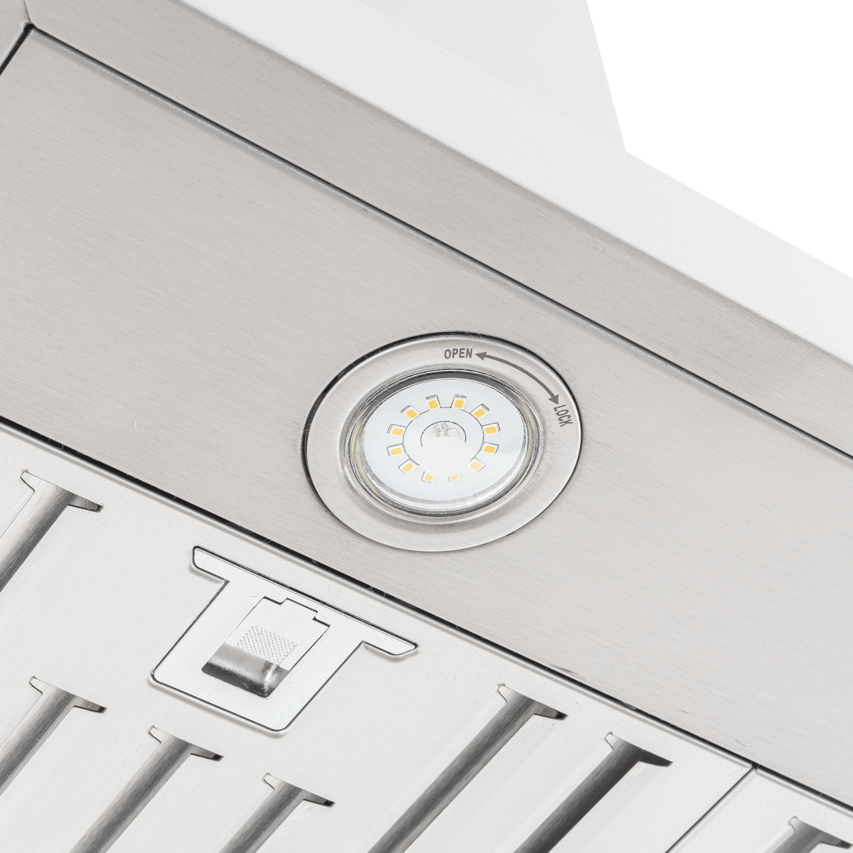Close-up of Proline PLFI 520 Range Hood with stainless steel finish and LED light. ProlineRangeHoods.com.
