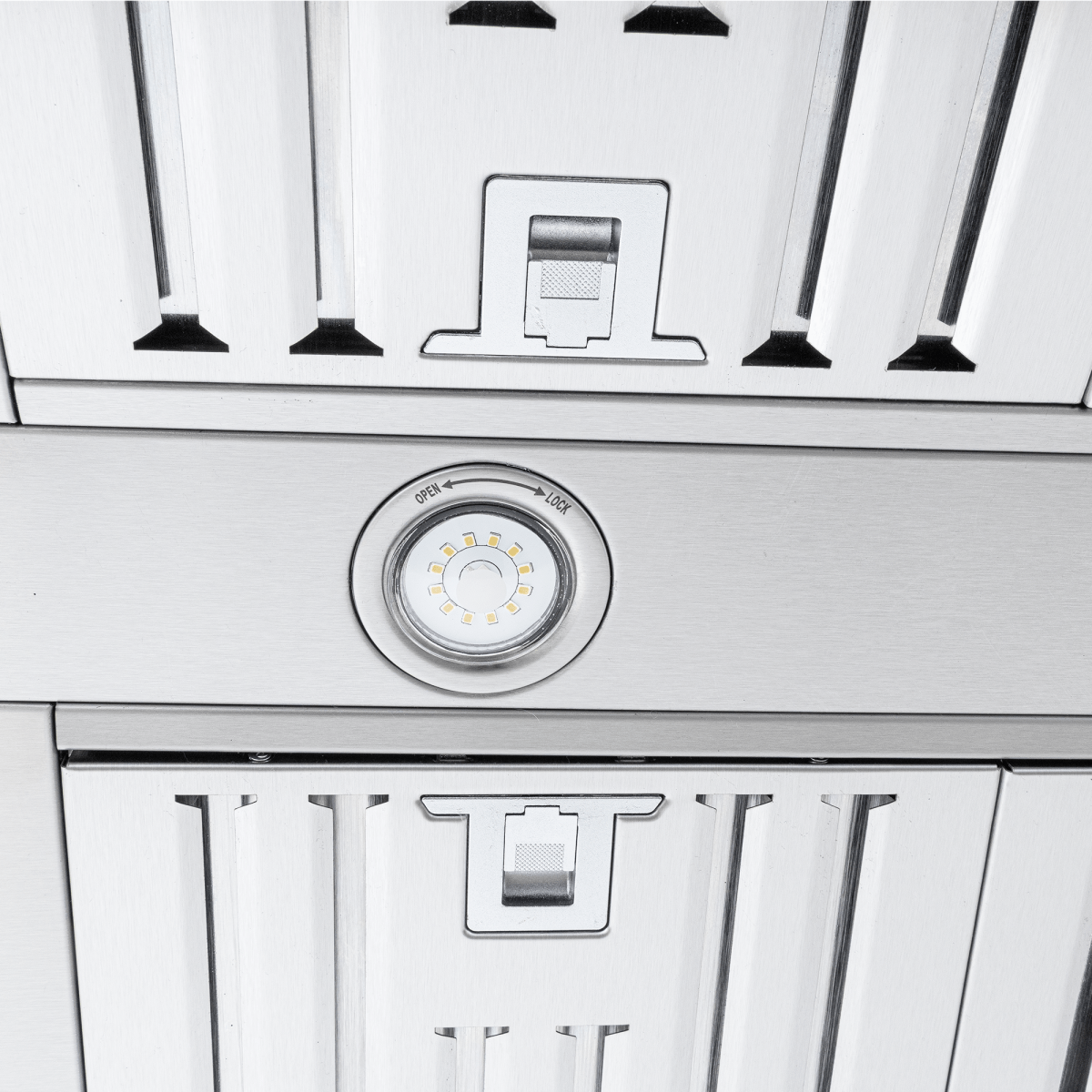 Close-up of Proline PROSI Island Range Hood in stainless steel, LCD touch, vent filters—ProlineRangeHoods.com.