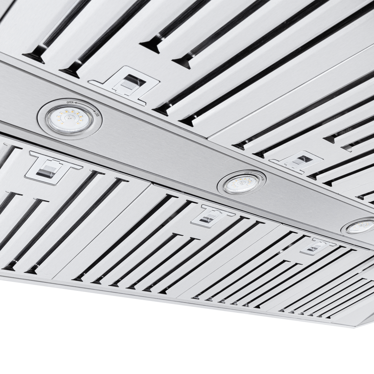 Close-up of Proline PROSI Ducted Island Range Hood, stainless steel, LED lights, LCD controls. ProlineRangeHoods.com.