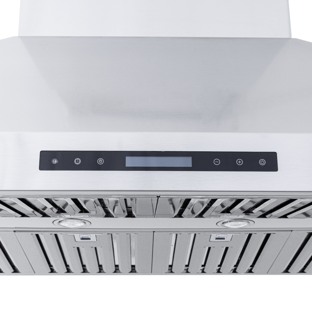 Proline PROSI Ducted Island Range Hood in stainless steel with LCD panel, dual motors, filters—ProlineRangeHoods.com.