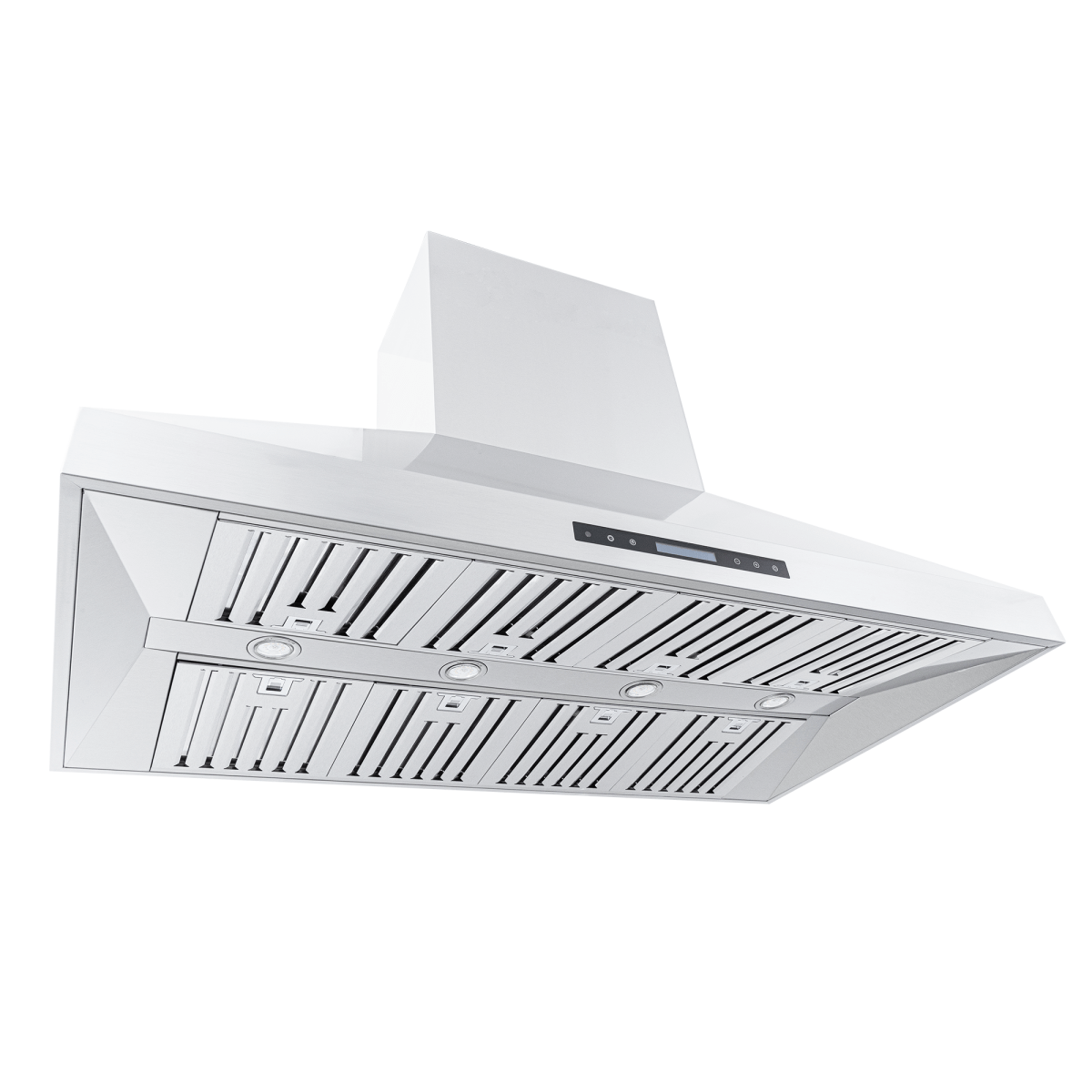 Proline PROSI Island Range Hood: stainless finish, dual motor vents, LCD touch panel; seen from below. ProlineRangeHoods.com.