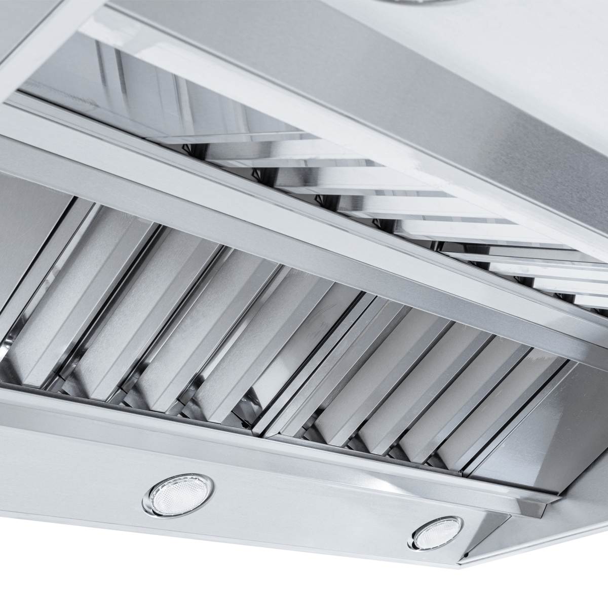 Proline ProVI Ducted Island Range Hood with stainless steel, lights, filters, outdoor finish. ProlineRangeHoods.com.