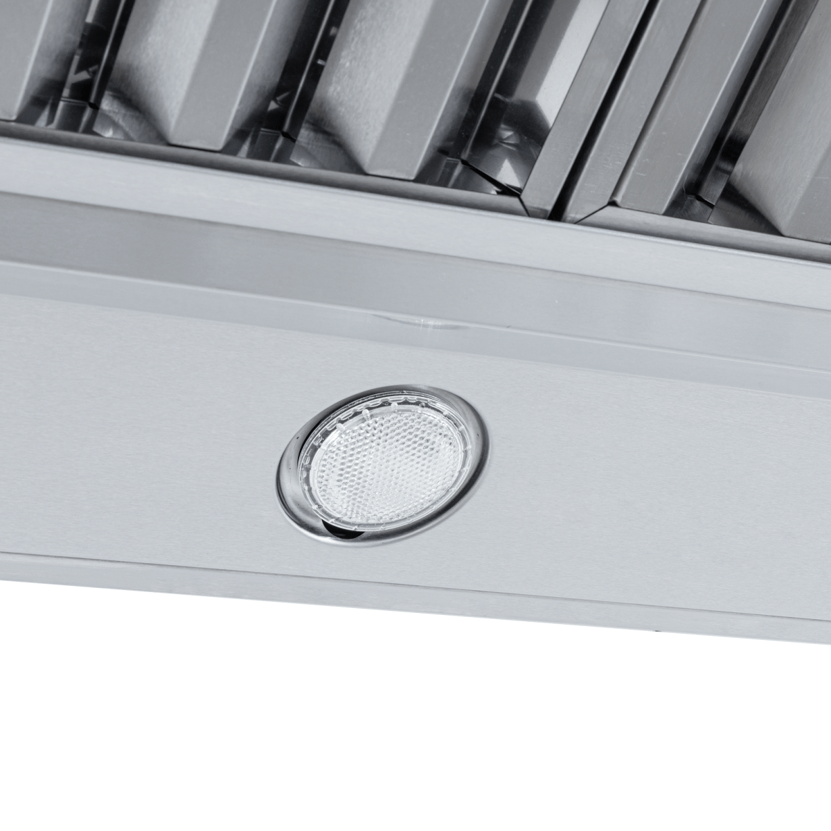 Close-up of Proline ProVI ducted island range hood in stainless steel, circular light, outdoor finish. ProlineRangeHoods.com.