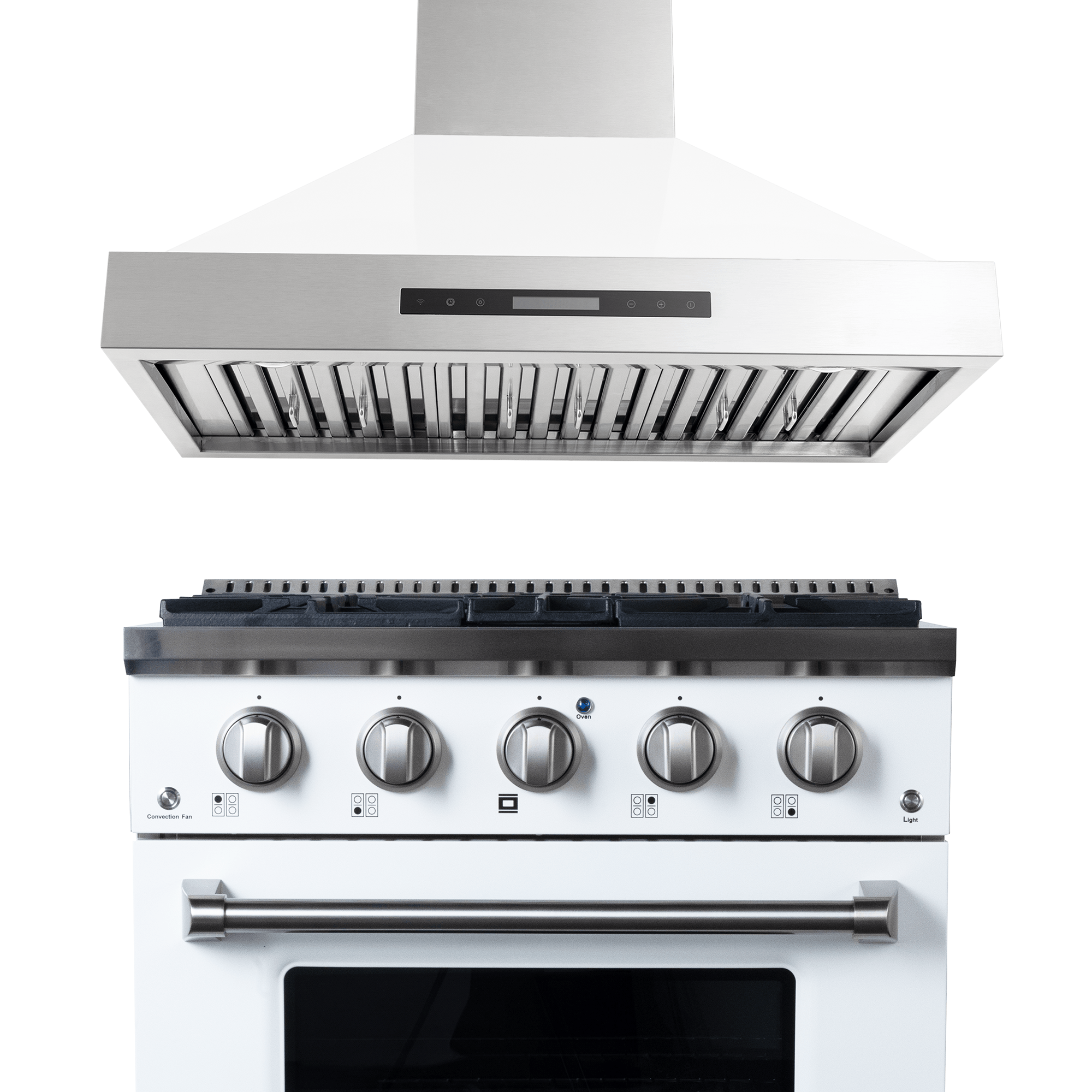 ProlineRangeHoods.com PLSR 30" All-Gas Range & PLSW King Air 30" Hood (Glossy White) bundle on white background.