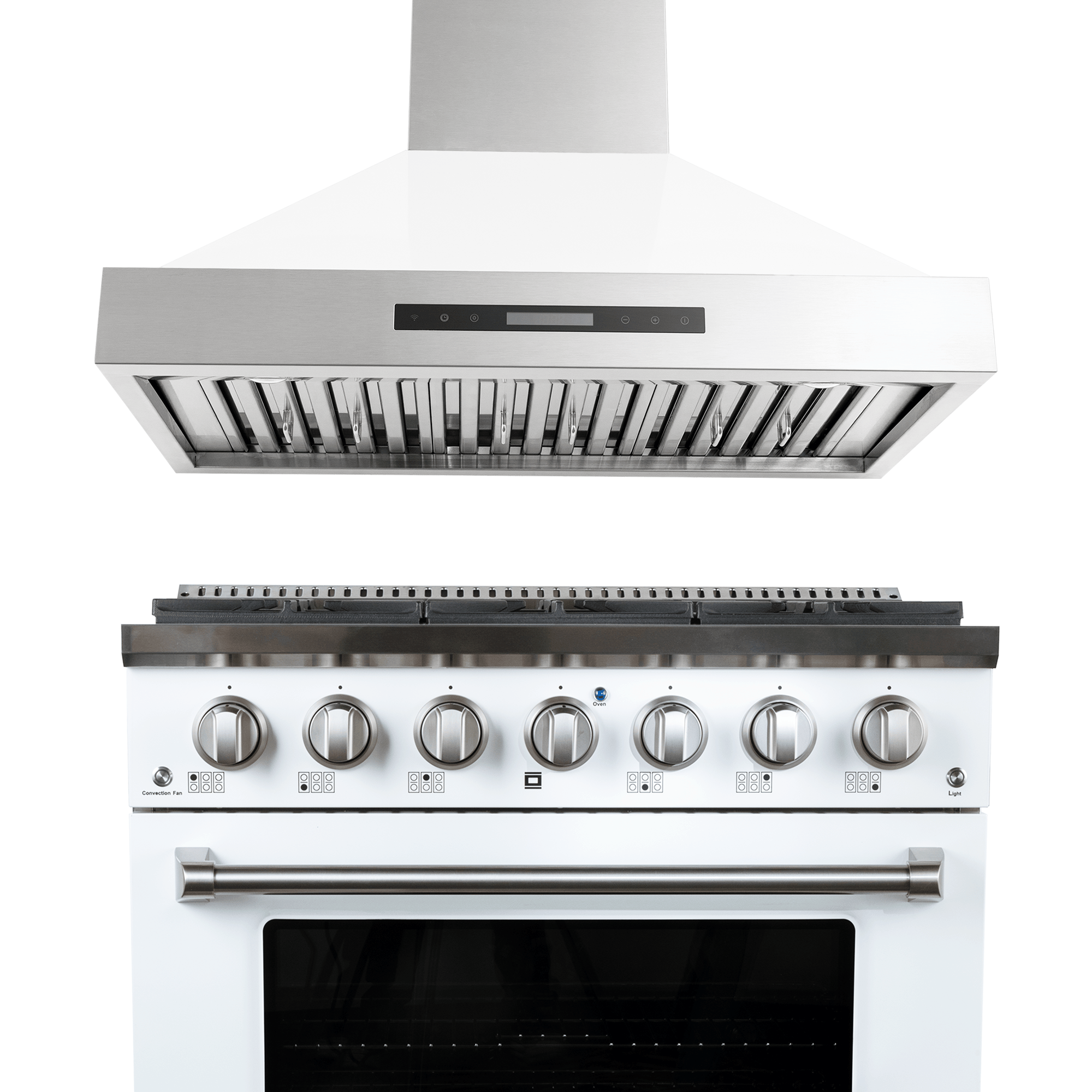 Sleek Proline PLSR 36" gas range & King Air hood in glossy white. Save 10% at ProlineRangeHoods.com.