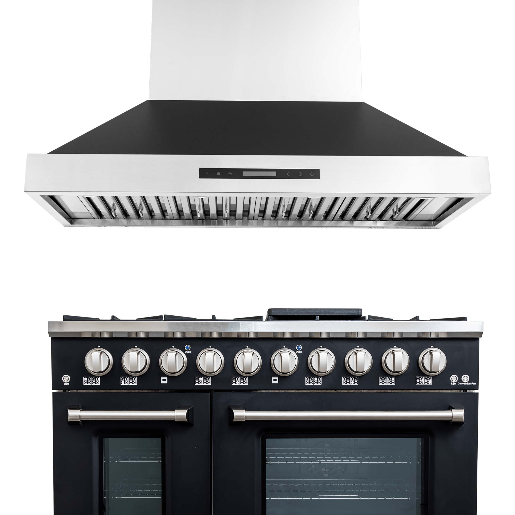 Proline PLSR 48" All-Gas Range and PLSW King Air hood in black by Proline Range Hoods—save at ProlineRangeHoods.com.