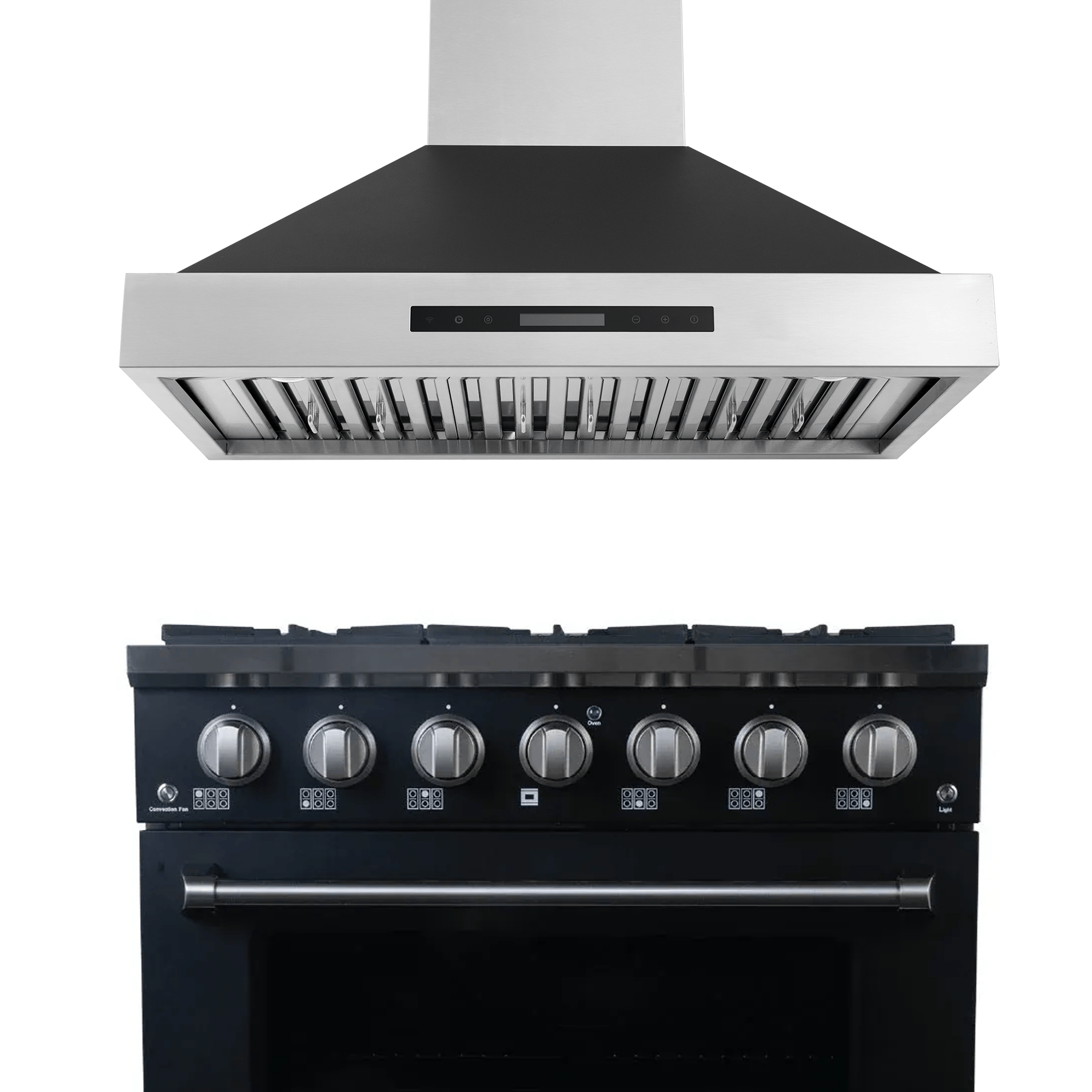 Proline PLSR 36" all-gas range and matte black King Air hood by Proline Range Hoods. Save 10% at ProlineRangeHoods.com.