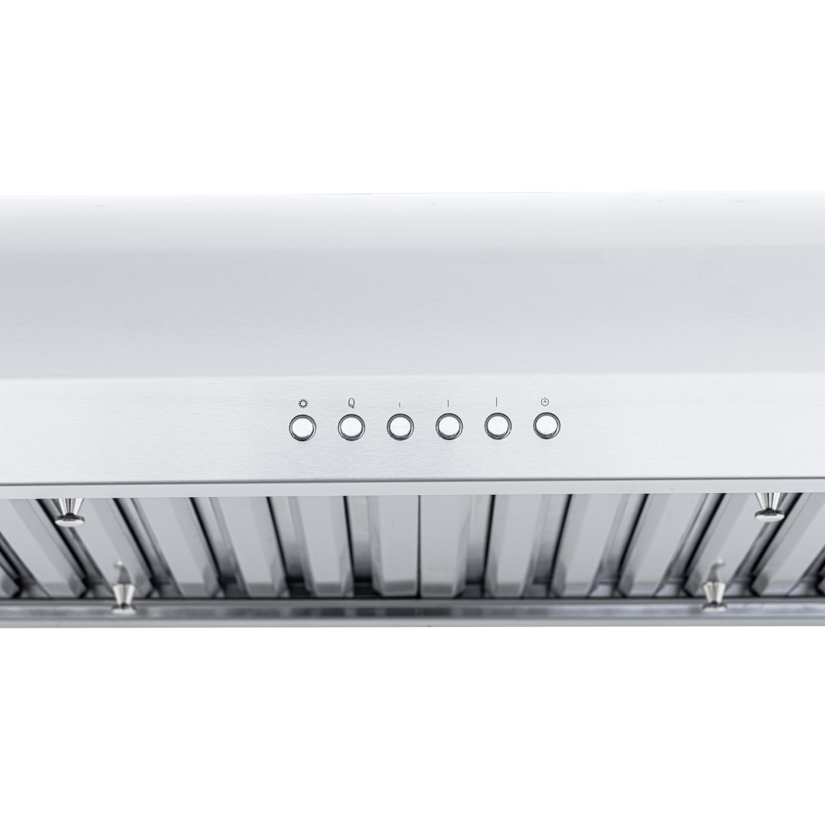 Close-up of Proline PLJW 125 range hood’s stainless control panel, six buttons, low noise, 900 CFM. ProlineRangeHoods.com.