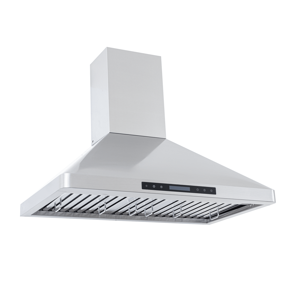 Proline PLFW 129 E Wall-Mounted Range Hood with stainless steel, 900 CFM—shown on white. ProlineRangeHoods.com.
