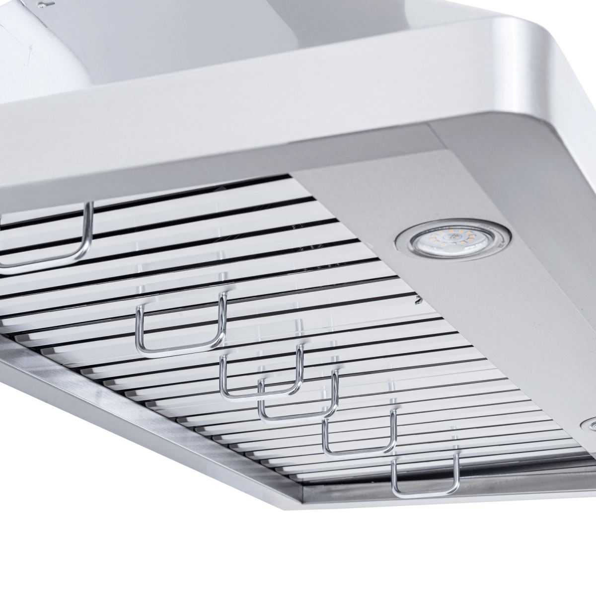 Close-up of Proline Range Hoods PLFW 129 E in stainless steel, metal slats, hooks, light; ProlineRangeHoods.com.