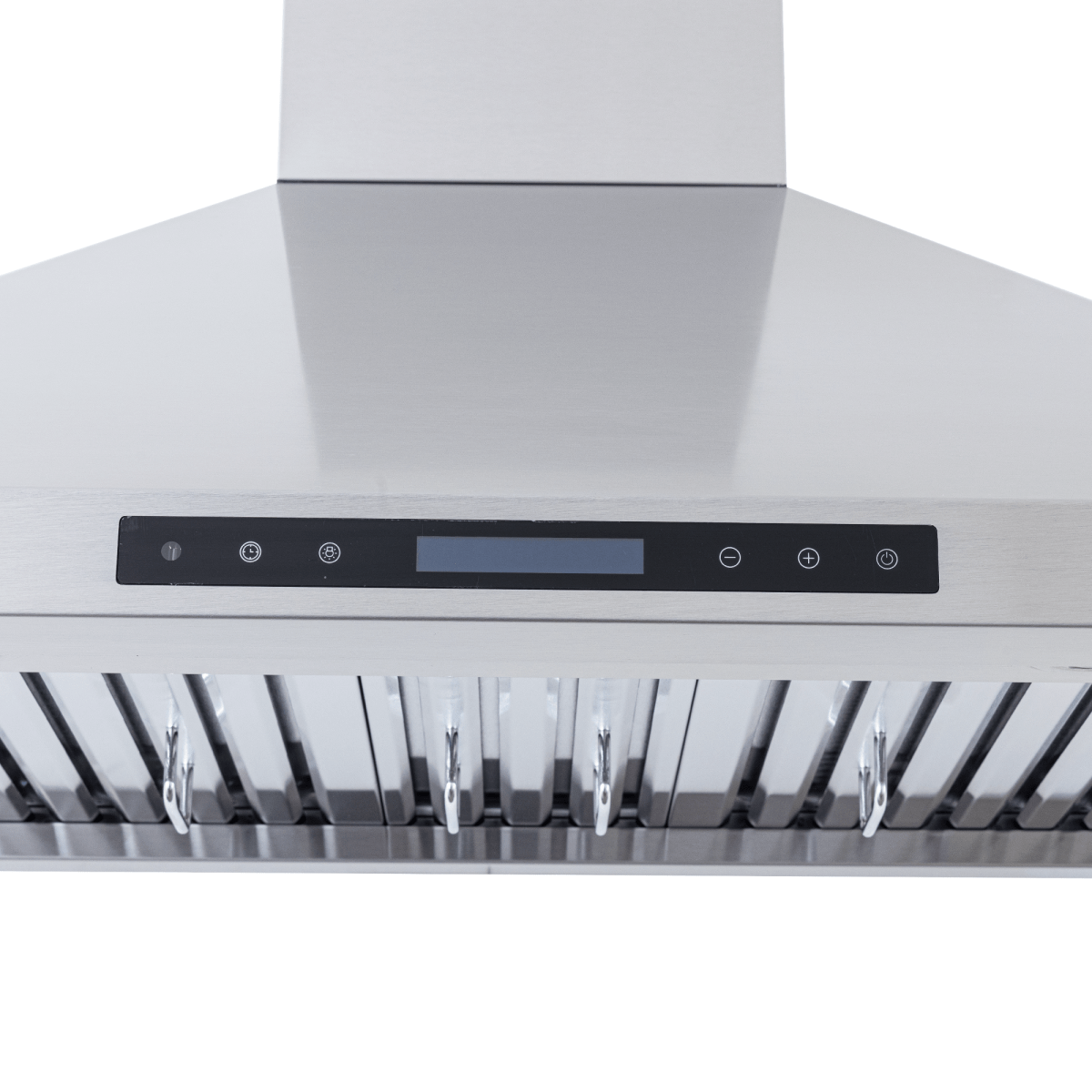 Proline PLFW 129 E stainless steel wall-mounted range hood, 900 CFM, digital panel, front view. ProlineRangeHoods.com.