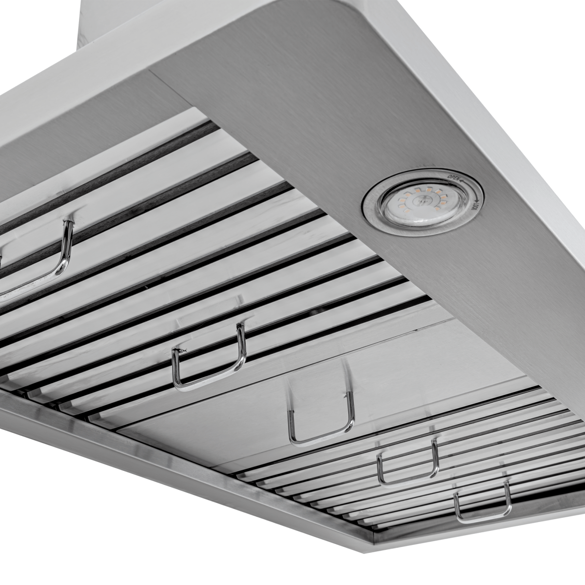 Close-up of Proline PLFW 129 J stainless wall vent hood with grates, hooks, light, 900 CFM. ProlineRangeHoods.com.