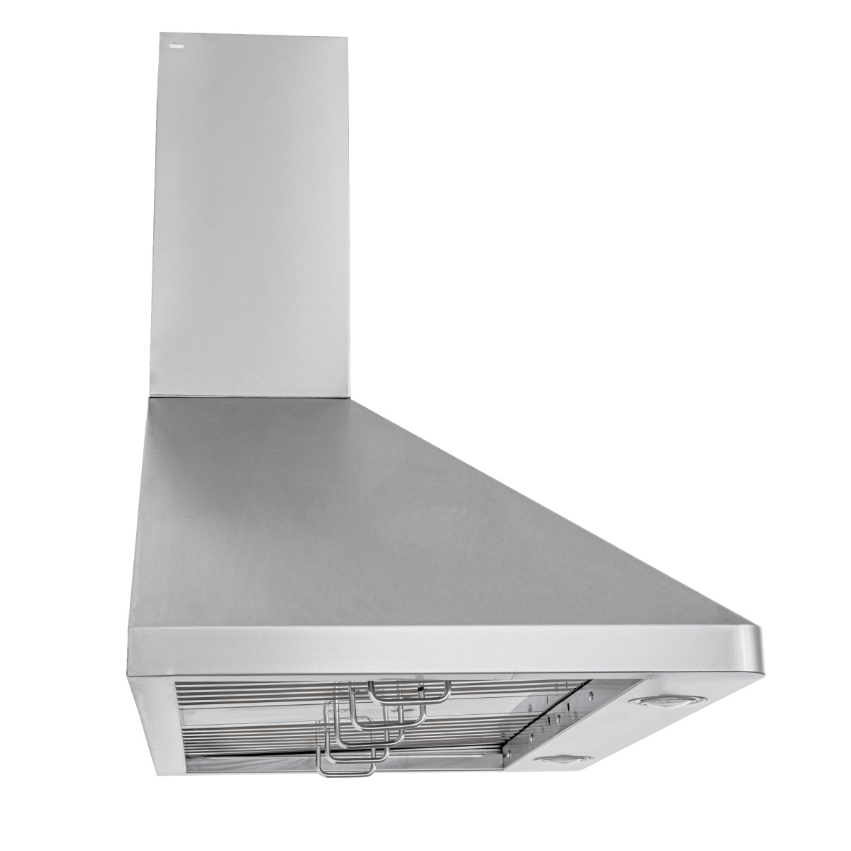 ProlineRangeHoods.com PLFW 129 J stainless steel wall-mount vent hood, 900 CFM, modern design, seen from below.