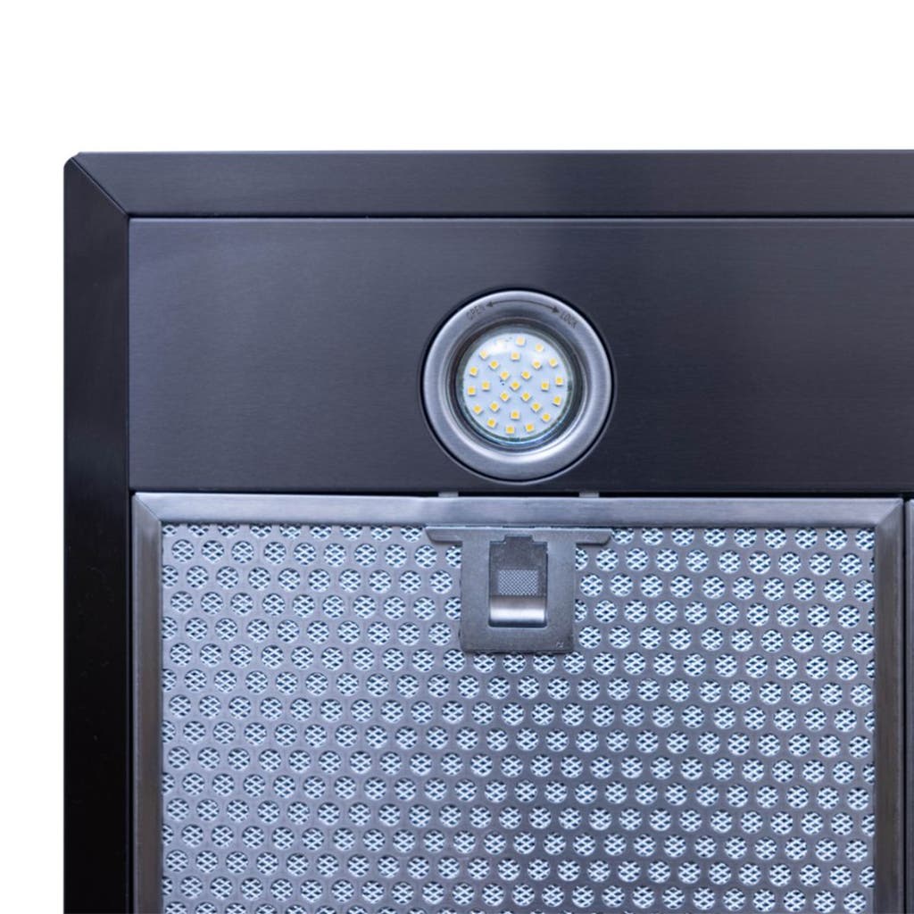 ProlineRangeHoods.com: Close-up of the Proline PLFW 520 wall-mounted range hood, with LED light, grilles, 600/1200 CFM.