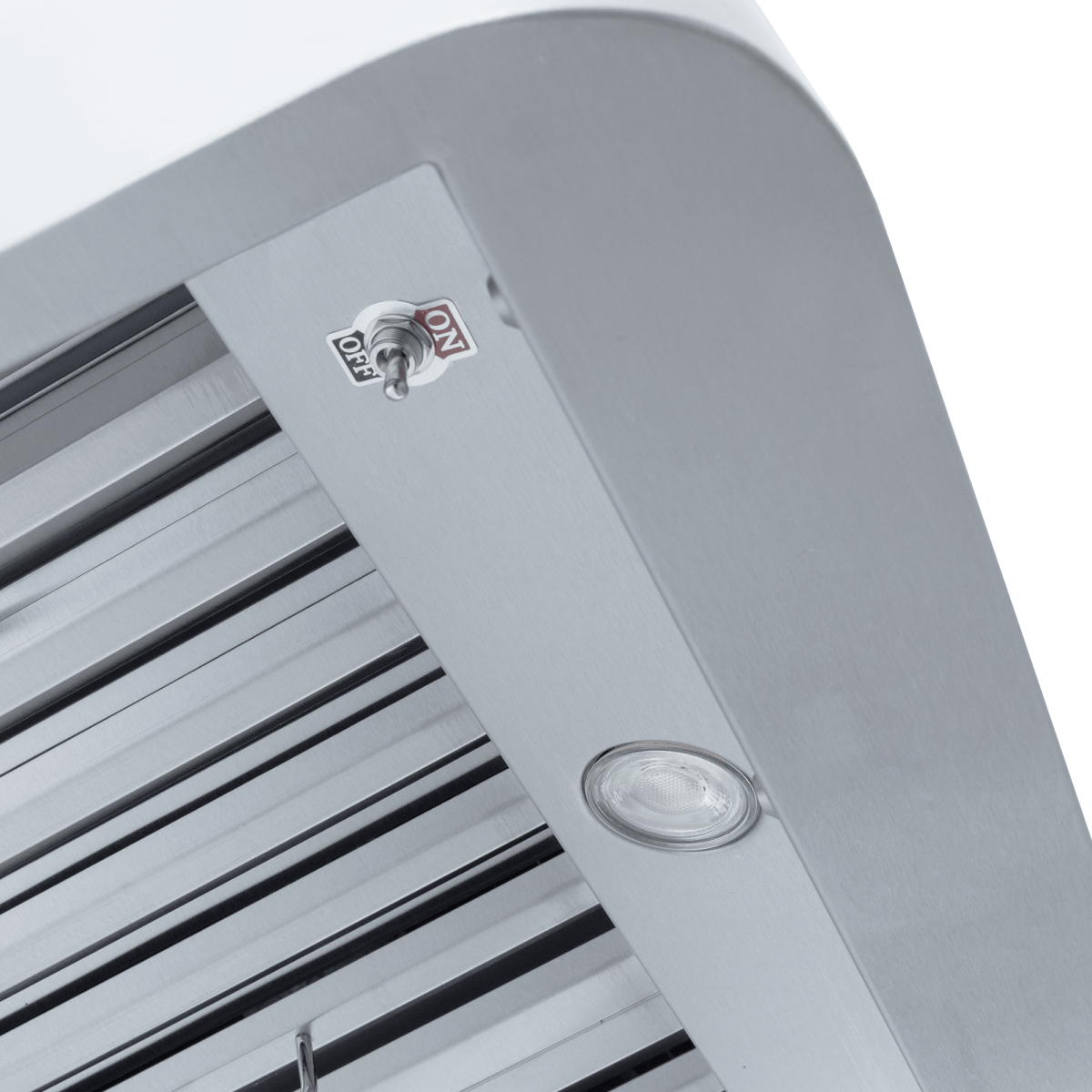 Close-up of Proline PLJW 101 ducted under-cabinet range hood, stainless steel with light and ON/OFF switch. ProlineRangeHoods.com.