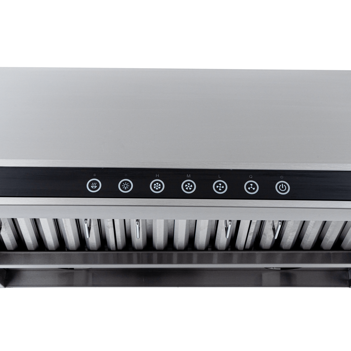 Close-up of Proline PLJW 101 stainless under-cabinet range hood with touch controls, low noise. ProlineRangeHoods.com.