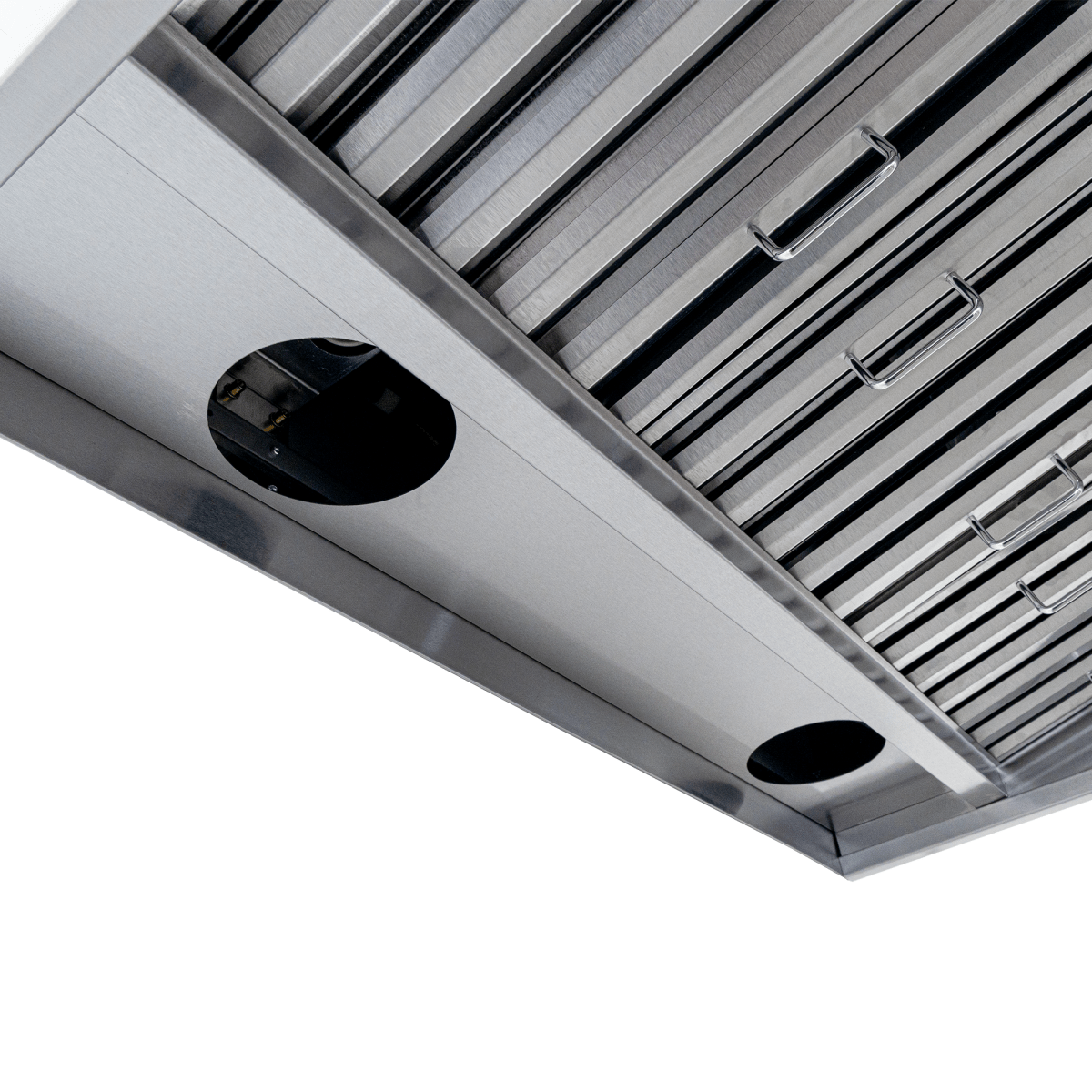 Close-up of Proline PLJW 101 stainless steel under-cabinet range hood with high airflow, filters, vents. ProlineRangeHoods.com.