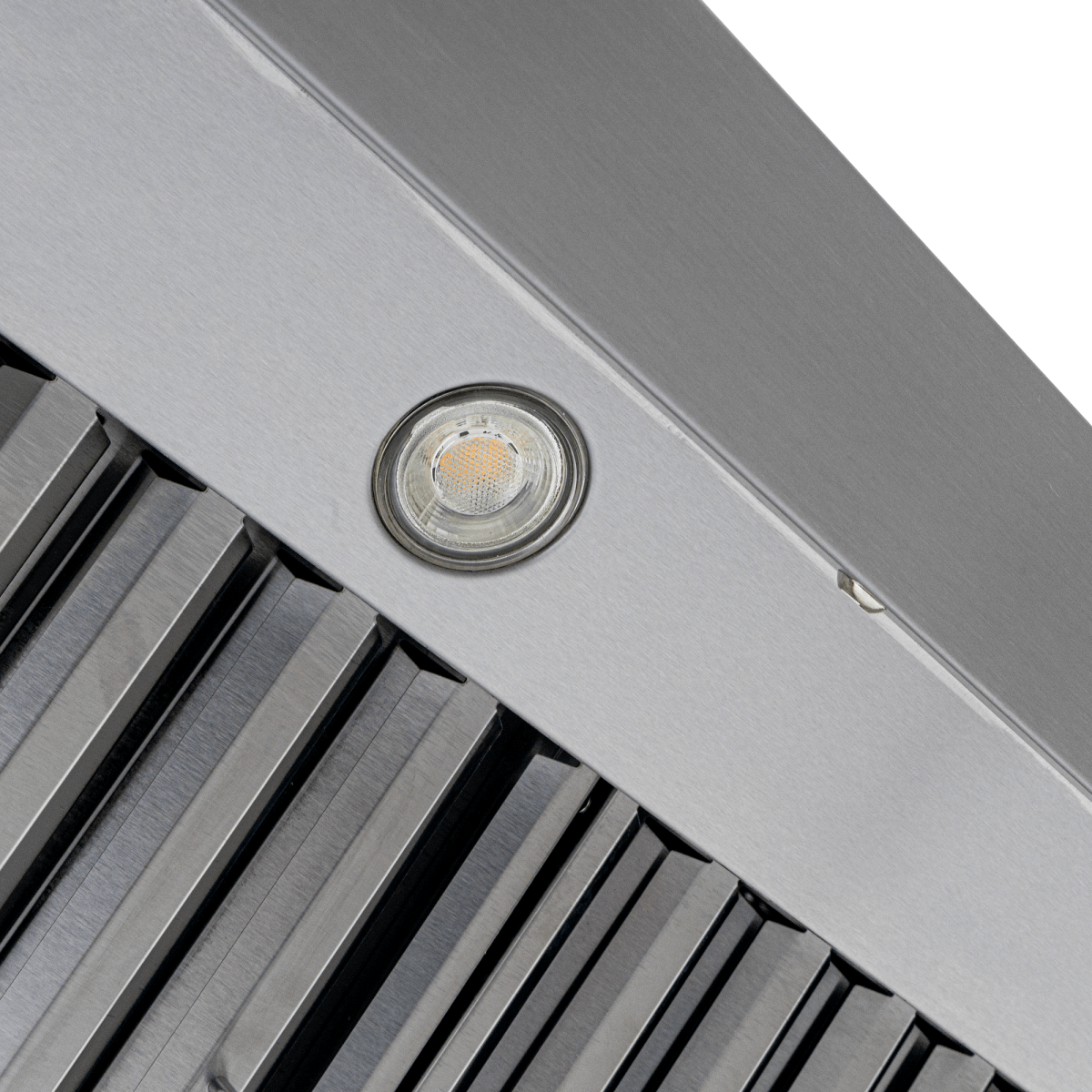 Close-up of Proline PLJW 101 stainless steel range hood, vent slats, light, 1000/2000 CFM. ProlineRangeHoods.com.