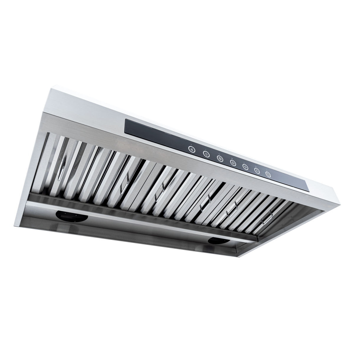 ProlineRangeHoods.com PLJW 102 hood: 1000 CFM, control panel, vent filters, stainless steel; convertible, seen from below.