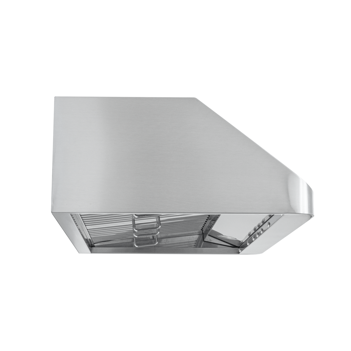 ProlineRangeHoods.com PLJW 113 under cabinet vent hood in stainless steel, modern controls, 900 CFM; shown from below.