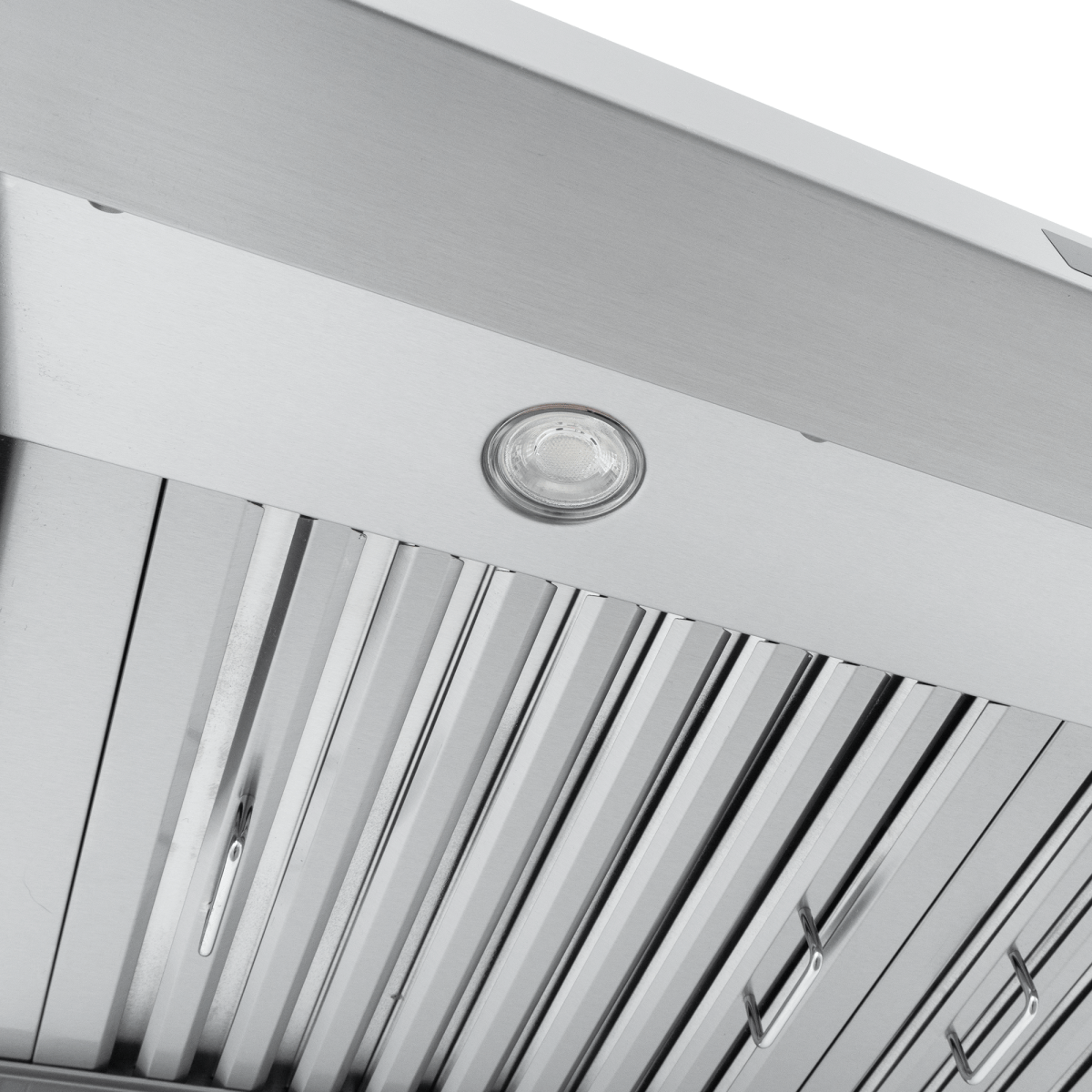 Close-up of Proline PLJW 113 stainless vent hood with controls, lights, metal filters, 900 CFM—ProlineRangeHoods.com.