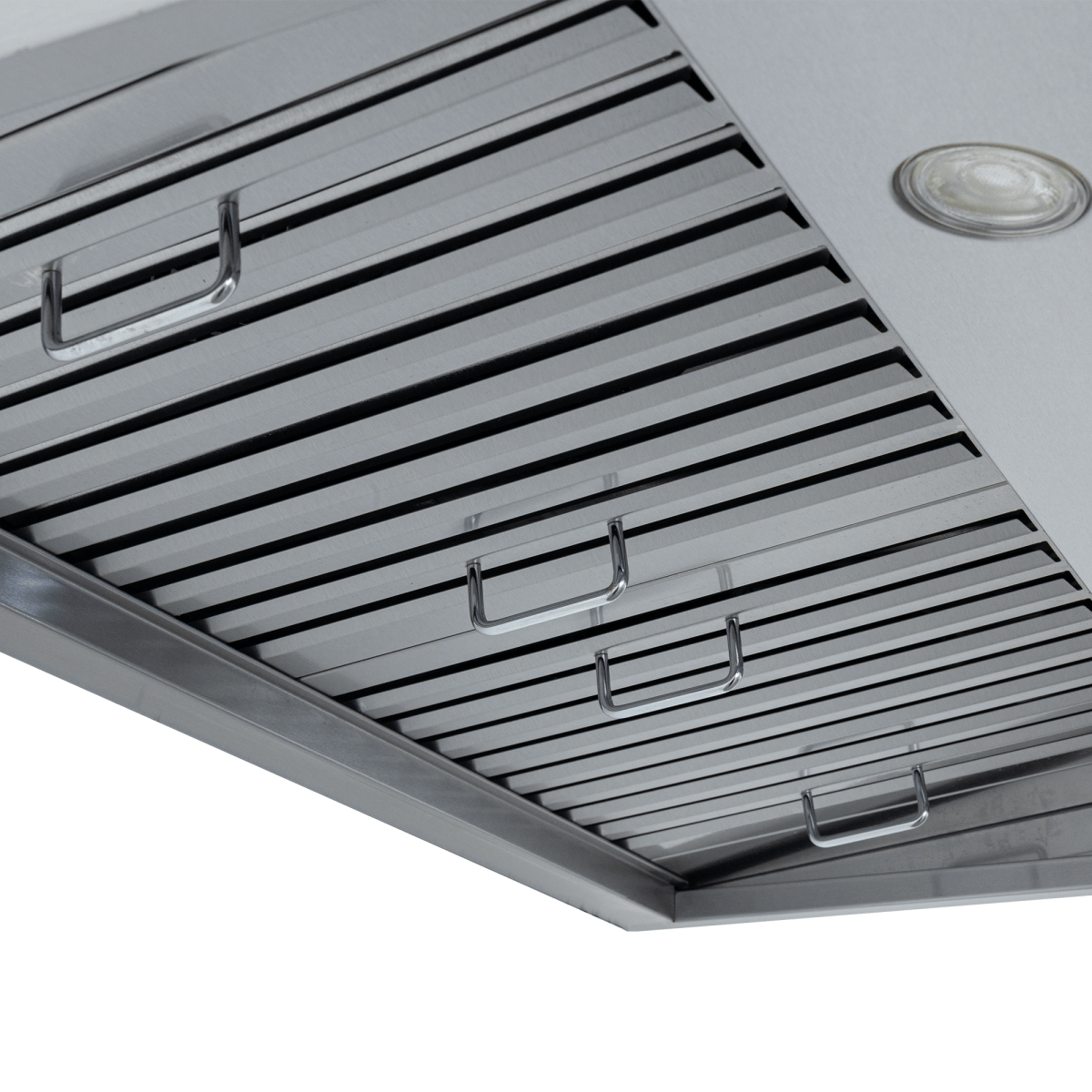Close-up of Proline PLJW 113 vent hood with stainless steel, modern controls, metal filters, light. ProlineRangeHoods.com.