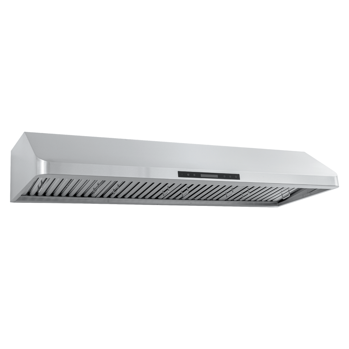 Proline PLJW 120 stainless under cabinet hood with digital controls, vent slats, 900/1800 CFM; ductless option. ProlineRangeHoods.com.