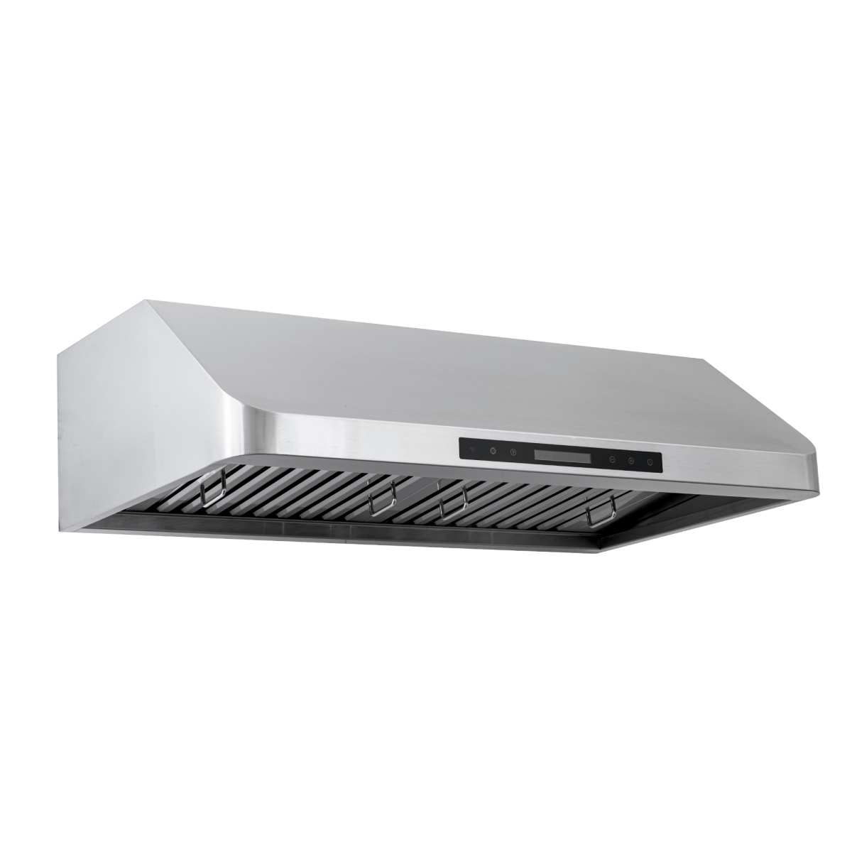 PLJW 120 under cabinet hood: sleek stainless steel, 900/1800 CFM, ductless option. ProlineRangeHoods.com shown angled.
