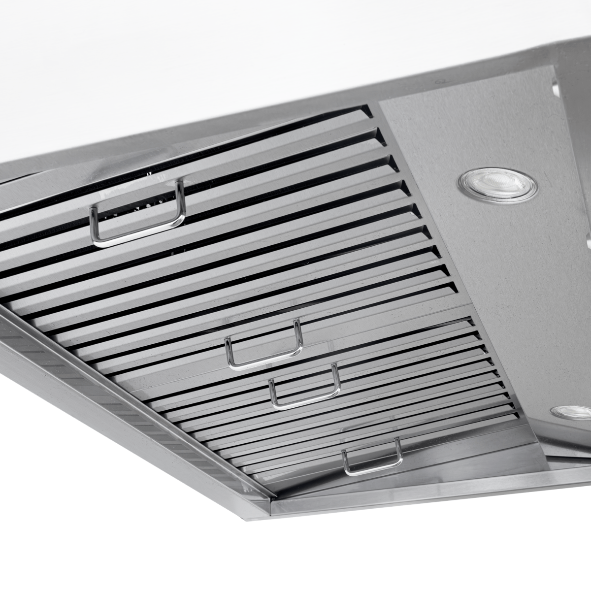 ProlineRangeHoods.com PLJW 120 under cabinet range hood, stainless steel, baffle filters, lights; shown from below.