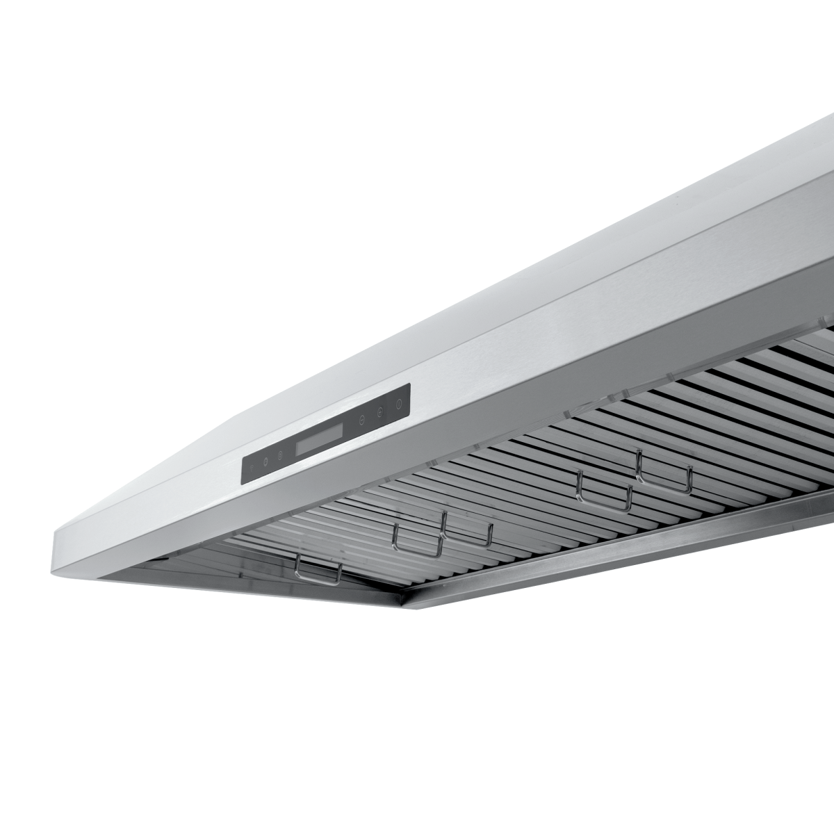 Close-up angled view of Proline Range Hoods PLJW 120, modern stainless steel, strong vent; ProlineRangeHoods.com.