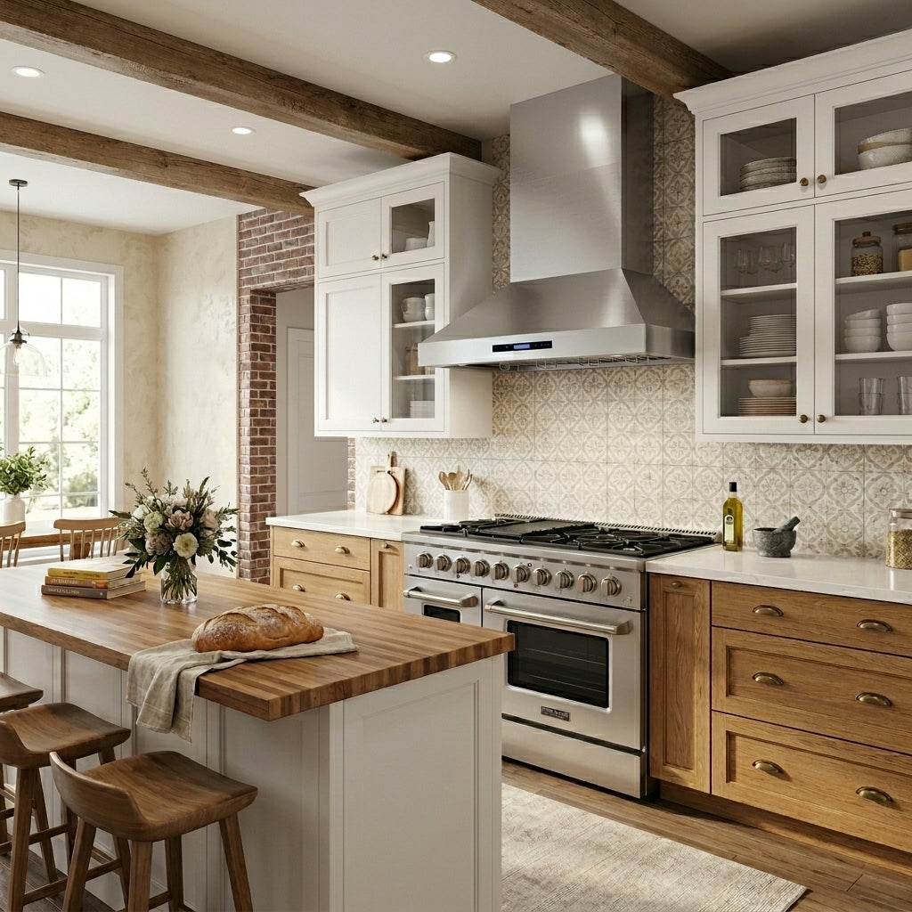 Bright kitchen with wood, white cabinets, island, Proline PLSR 48GE range, vase, ProlineRangeHoods.com.