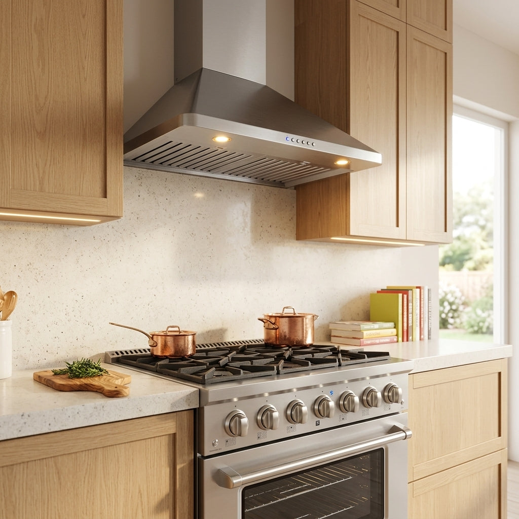 Modern kitchen with Proline PLSR 36GE Range, copper pots, wood cabinets, herbs on board. ProlineRangeHoods.com.
