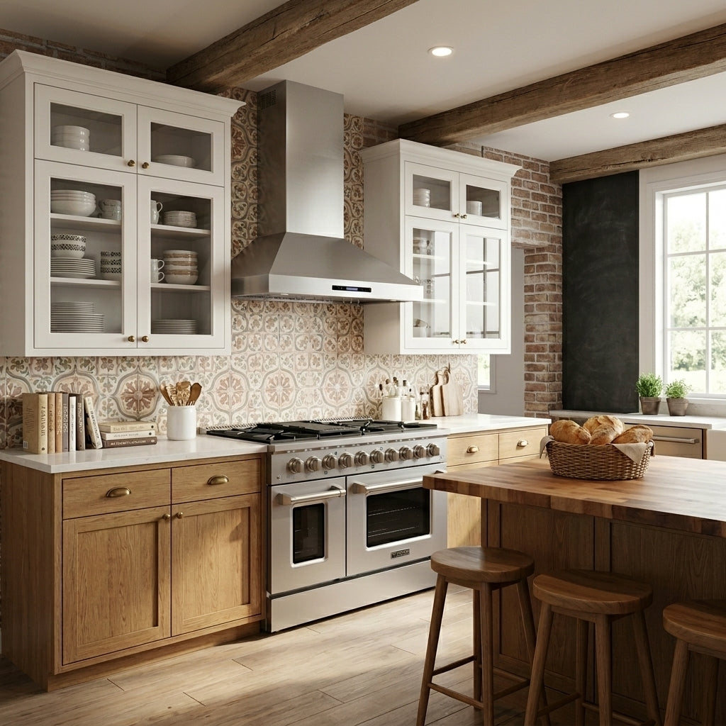 Modern farmhouse kitchen with wood cabinets, island, PLSR 48" gas range by ProlineRangeHoods.com, stainless steel.