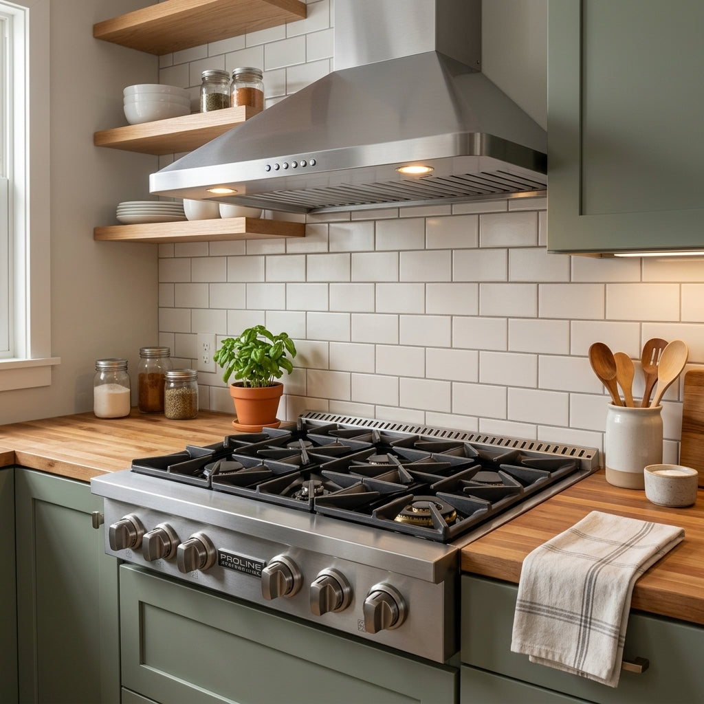 Modern kitchen with Proline PLST 36 in. Gas Rangetop by Proline Range Hoods; see more at ProlineRangeHoods.com.