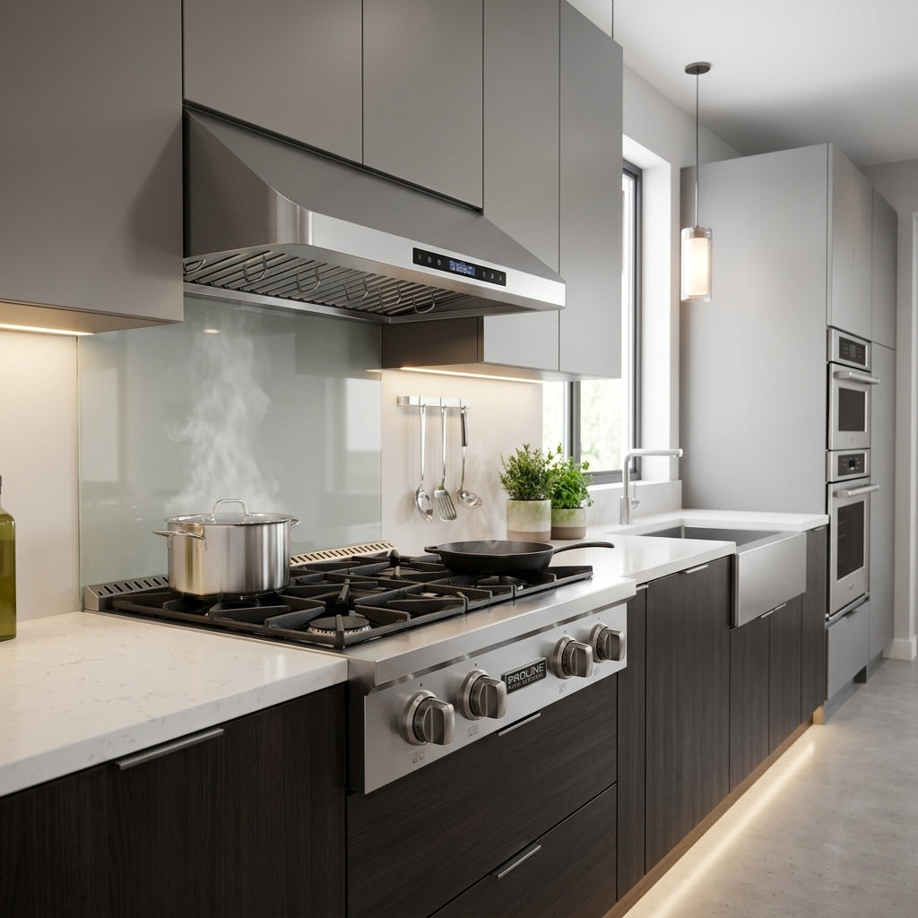 Modern kitchen with gray cabinets, PLST 30 in. Gas Rangetop by Proline Range Hoods steaming a pot, ProlineRangeHoods.com.