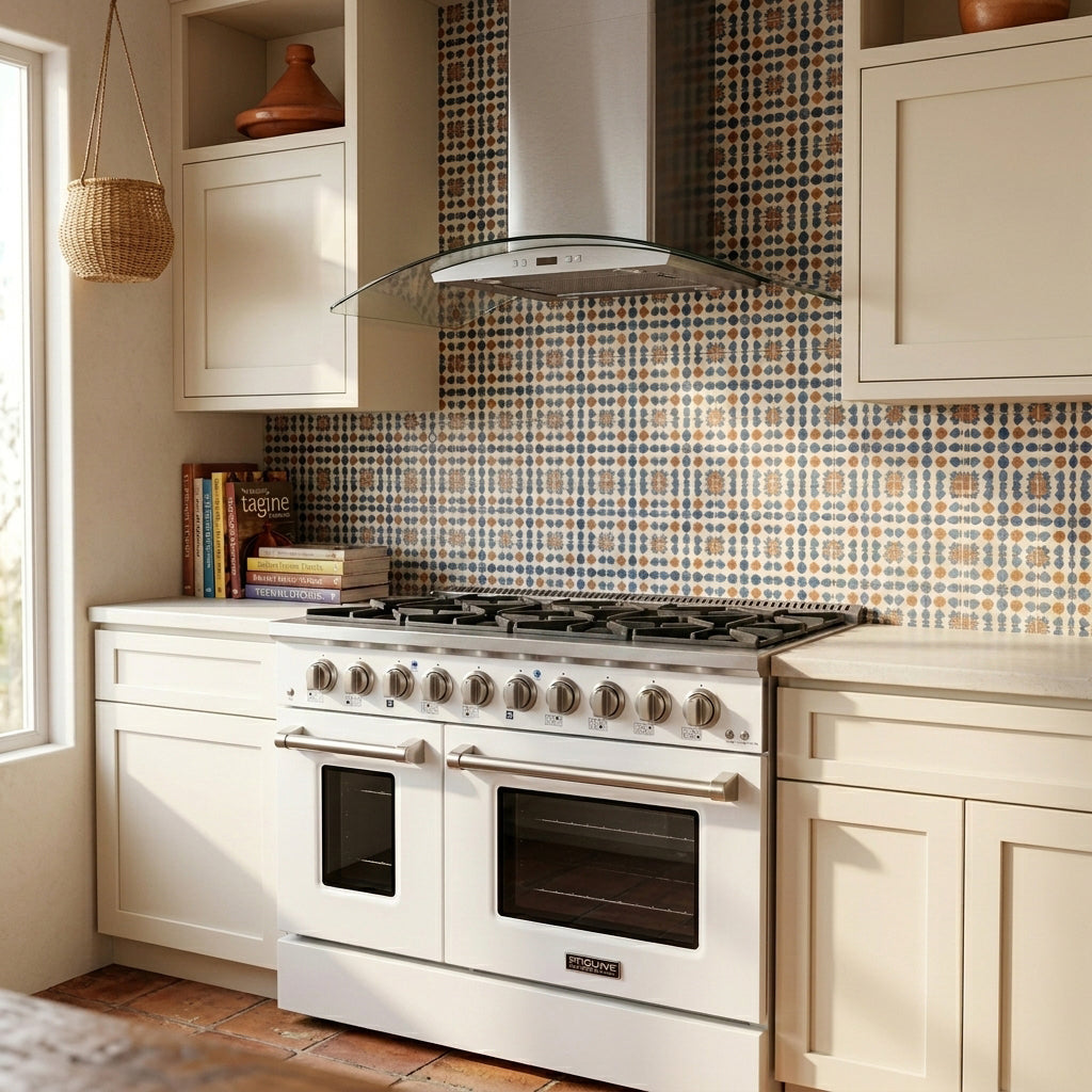 Modern kitchen with glossy white Proline PLSR 48GE range, 8 burners, dual ovens. ProlineRangeHoods.com in view.